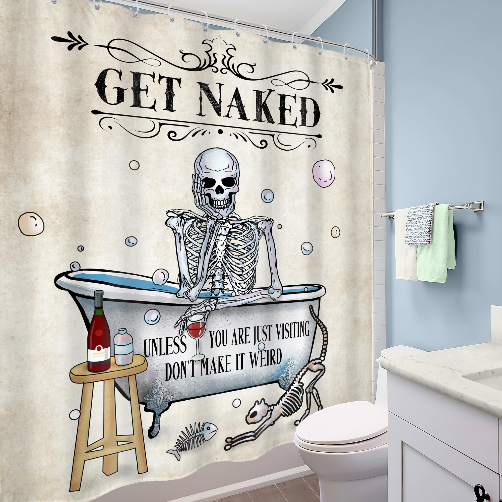 Mitpok Funny Skull Skeleton Shower Curtain 60Wx72H Gothic Spooky Cool Horror Unique Bone In Bathtub Bubbles Cat Fish Retro Scary