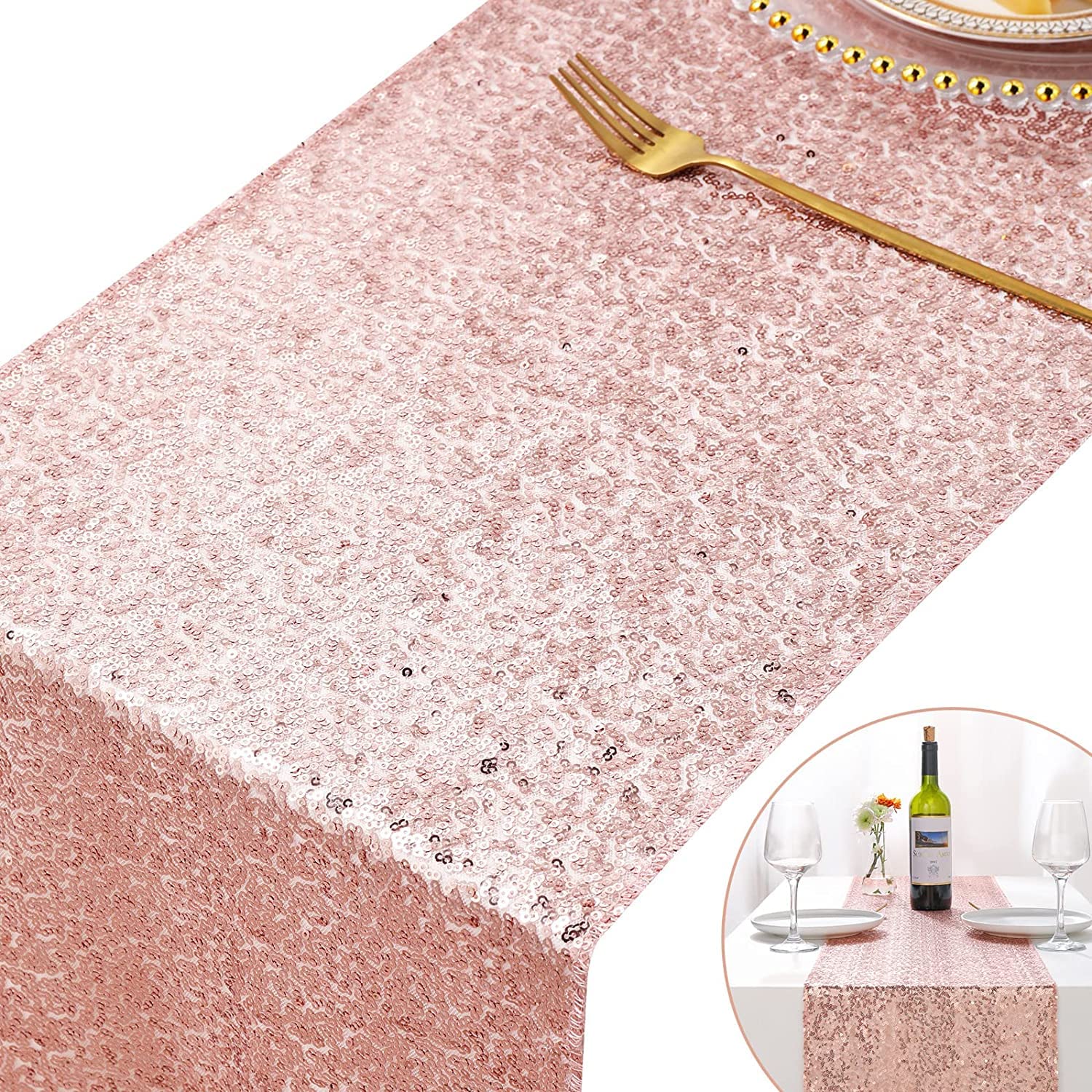Oqsc Sequin Table Runners 72 Inches Long Christmas Glitter Table Runner For Party, Wedding, Bridal Baby 2 Pcs, Rose Gold