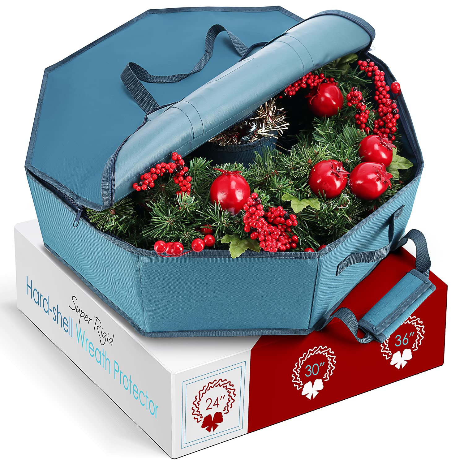 Hearth  Harbor Wreath Storage Container - Hard Shell Christmas Wreath Storage Bag With Interior Pockets, Dual Zipper And Handles