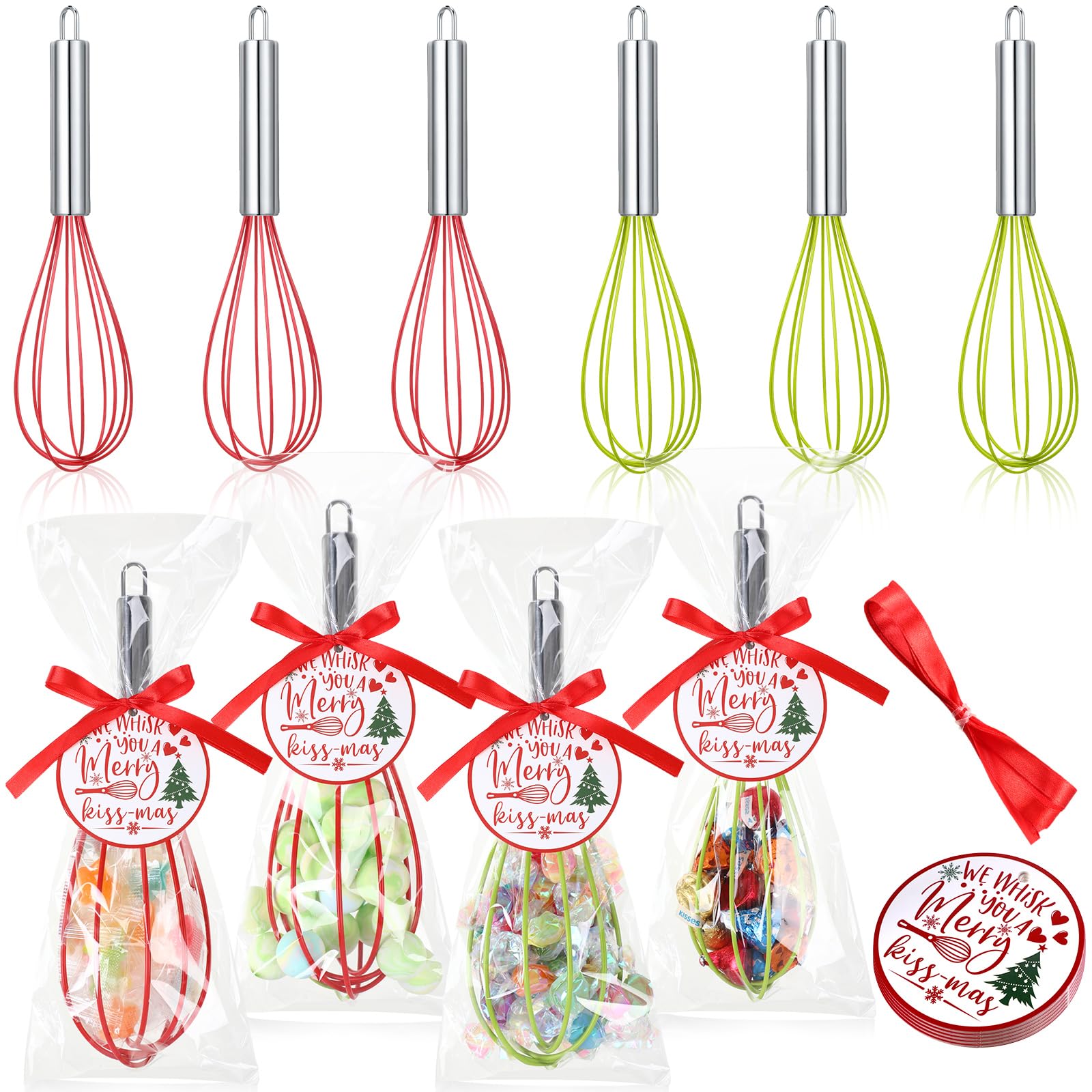FoldTier 6 Sets 8 Inch Christmas Whisks Gifts DIY Fillable Christmas Tree Ornaments Xmas Colored Silicone Whisks for Cooking Hea