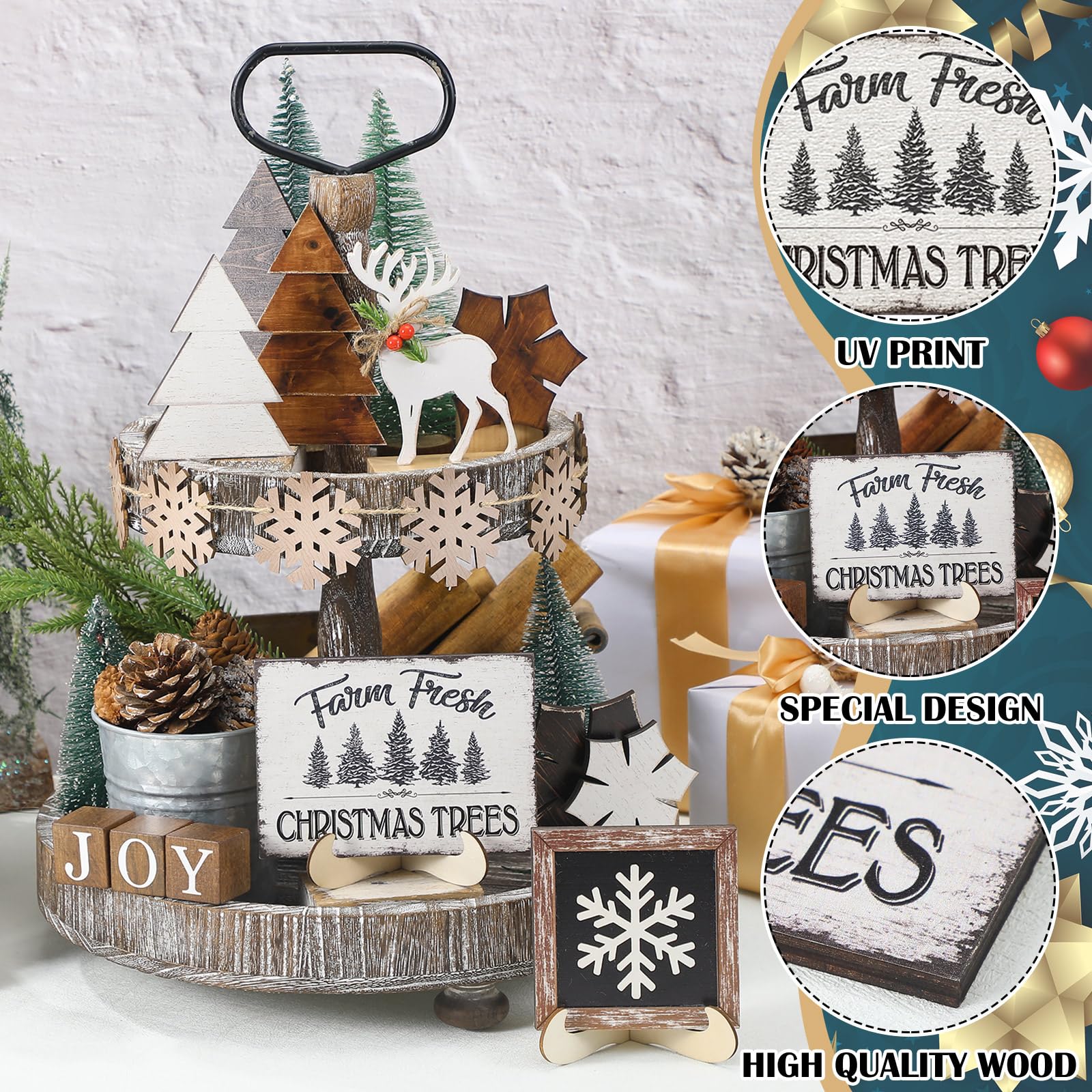 Yalikop 20 Pcs Neutral Christmas Tiered Tray Decor Set Neutral Christmas Snowflake Xmas Tree Wood Sign Rustic Farmhouse Tray Dec