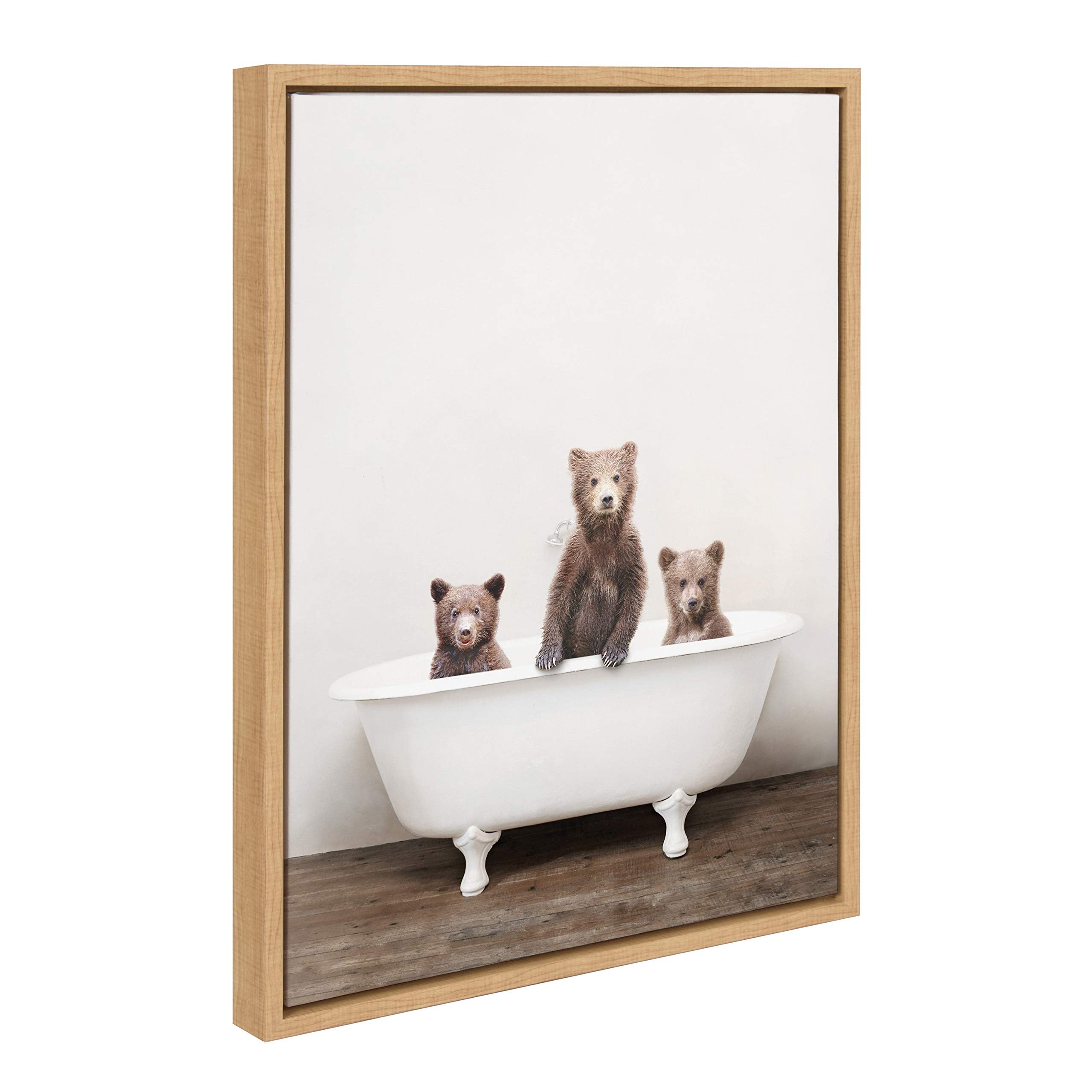 Kate and Laurel Sylvie Three Little Bears in Vintage Bathtub Framed Canvas Wall Art by Amy Peterson  18x24 Natural  Adorable Animal Art for Wall