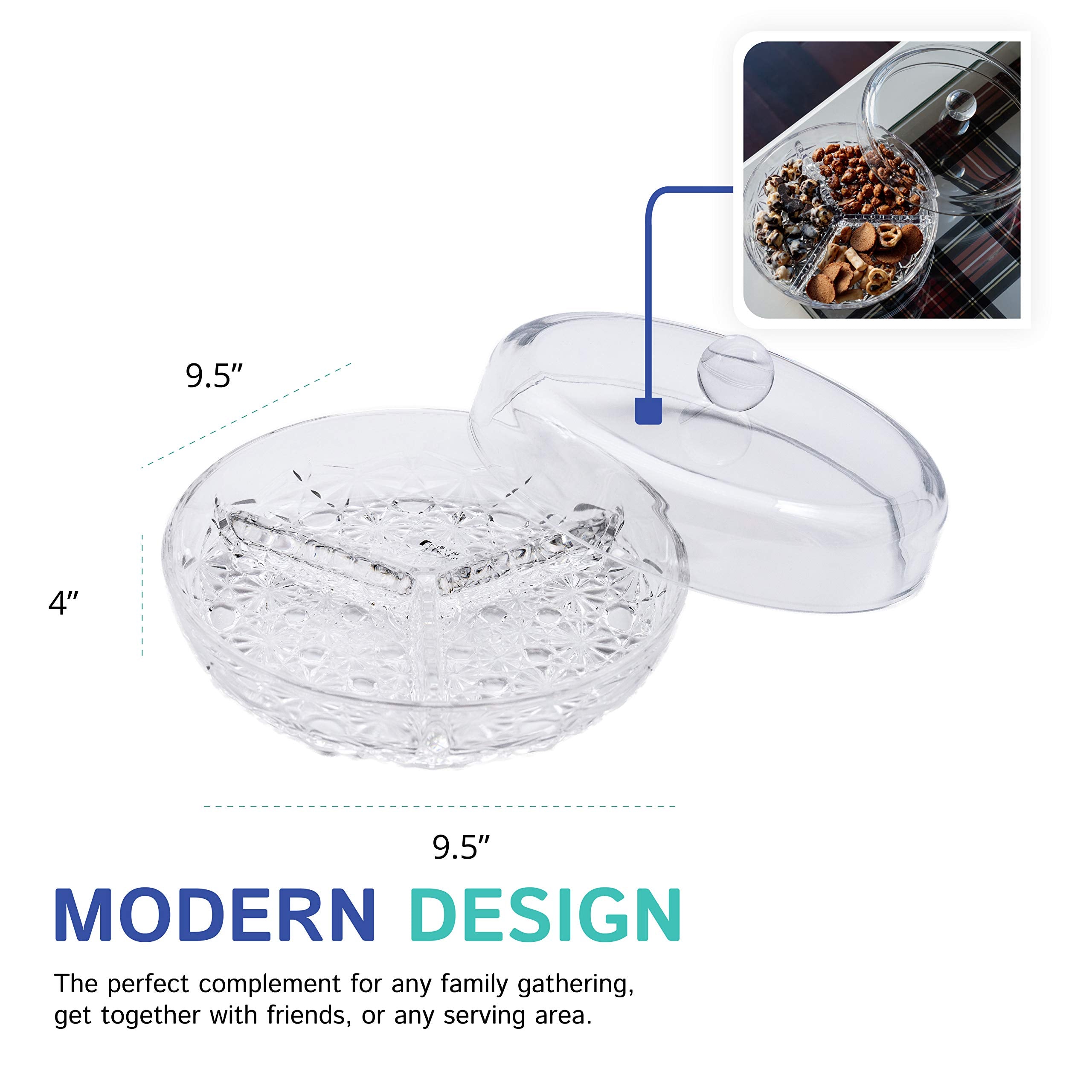 Huang Acrylic 3-Section Divided Serving Dishes With Lid | Round Snack And Condiment Tray With Cover | Multifunctional Party Snac
