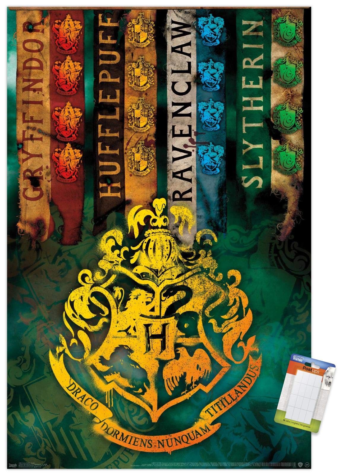 Trends International The Wizarding World: Harry Potter - House Crests Wall Poster, 22.375'' X 34'', Poster & Mount Bundle