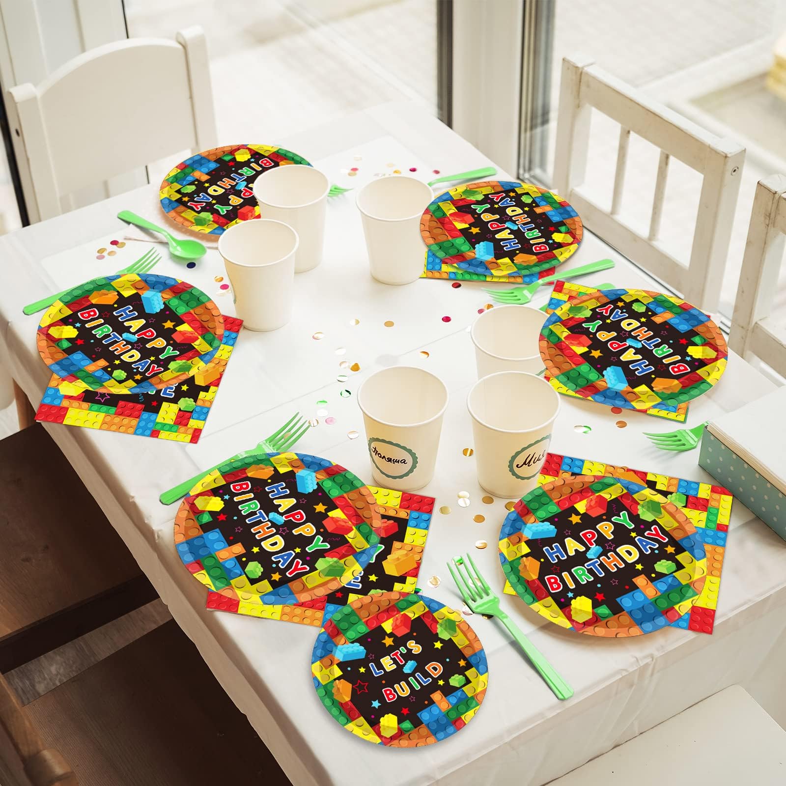 Gisgfim 96 Pcs Building Block Birthday Party Supplies Paper Plates Nap ...