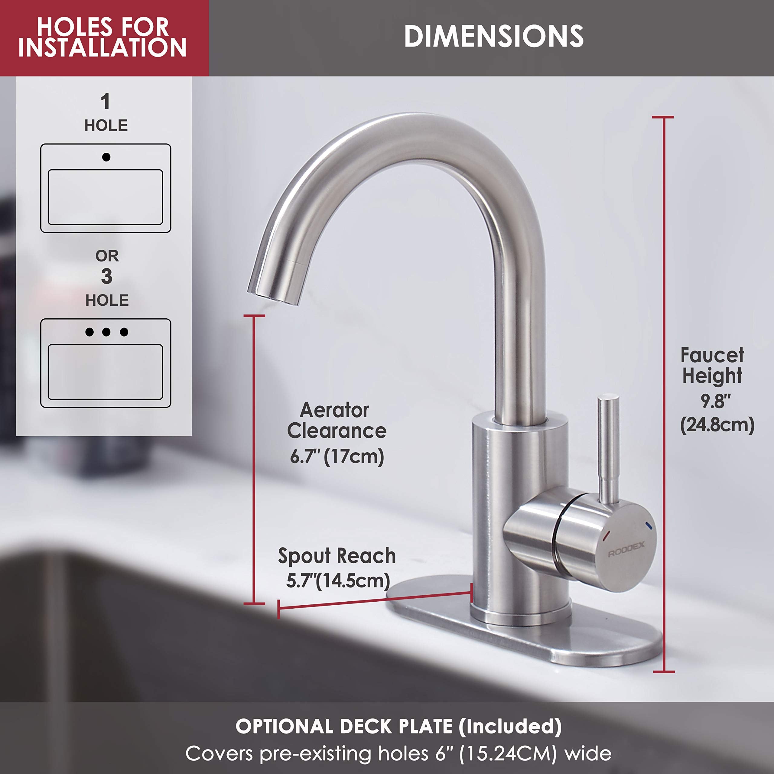 Roddex Wet Bar Sink Faucet, Stainless Steel 360 Swivel Bar Mixer With 3 Hole Cover Deck Plate, Small Modern Single Handle Tap Fo