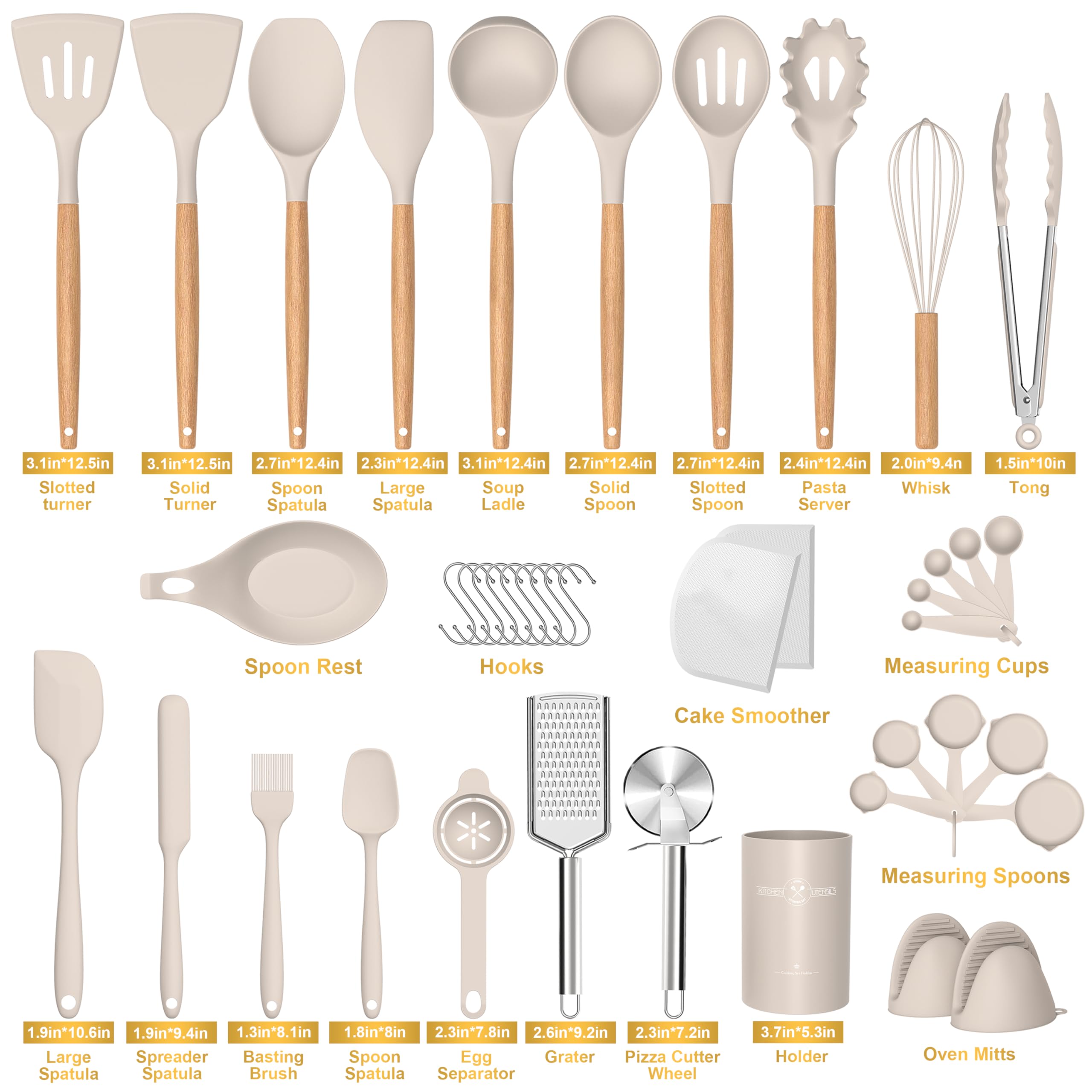 Silicone Cooking Utensils Set, 43Pcs Non-Stick Heat Resistant Kitchen Utensils Spatula Set With Wooden Handle For Baking, Cookin