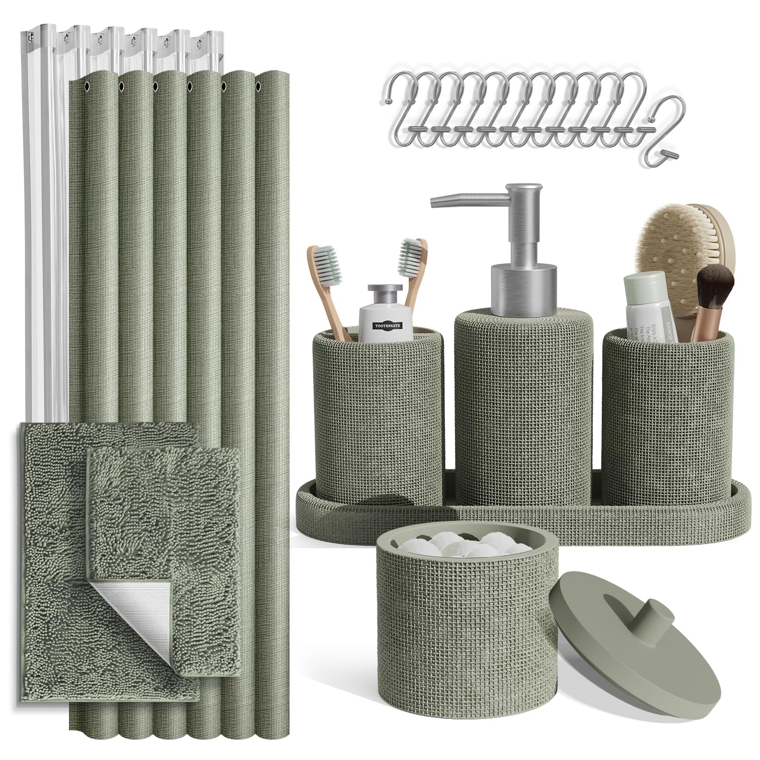 Clara Clark Sage Green Bathroom Set - Bathroom Sets with Shower Curtain and Rugs, 21PC Bathroom Accessory Set, Shower Curtain Se