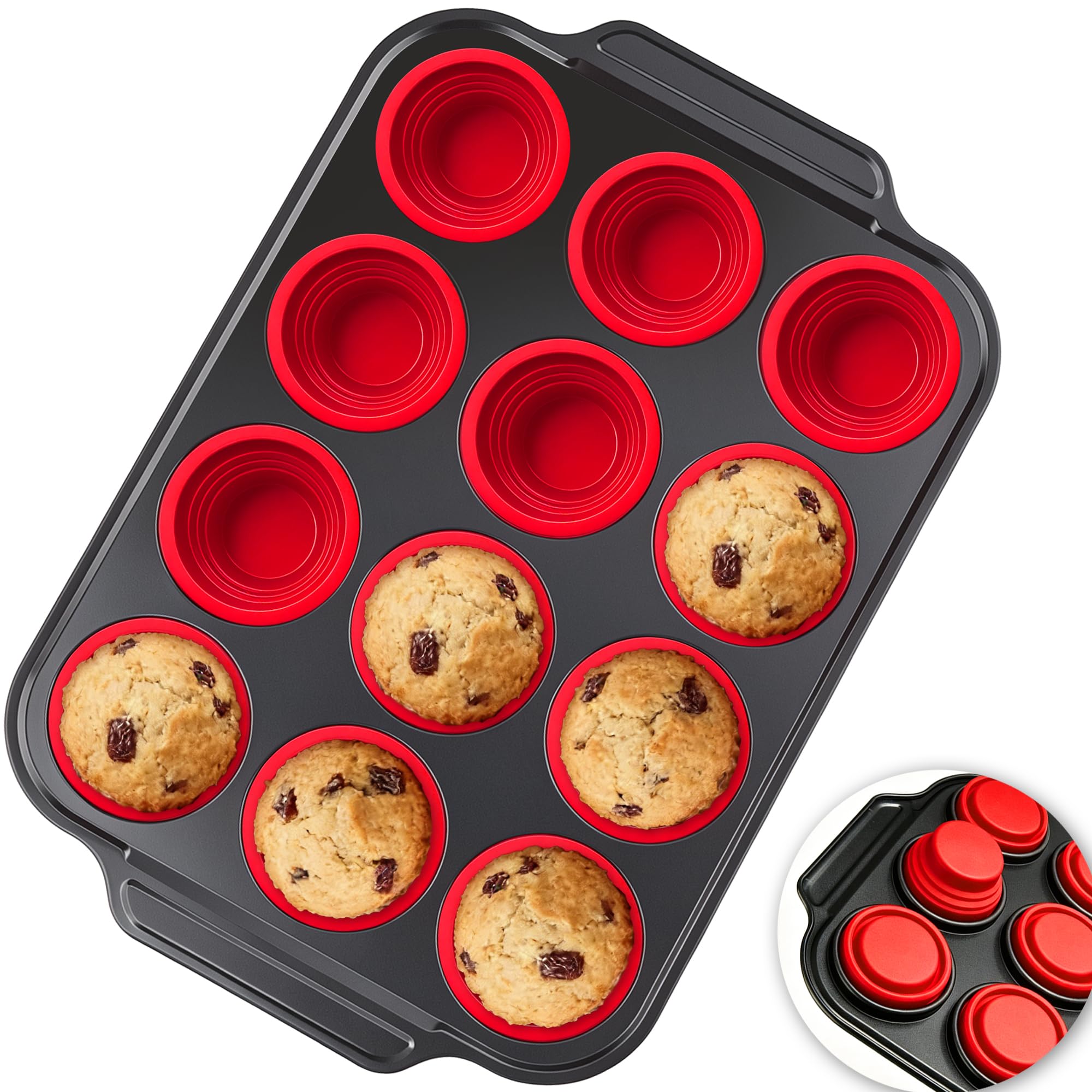Silicone Muffin Pans for Baking with Metal Frame  12 Cups Cupcake Pans