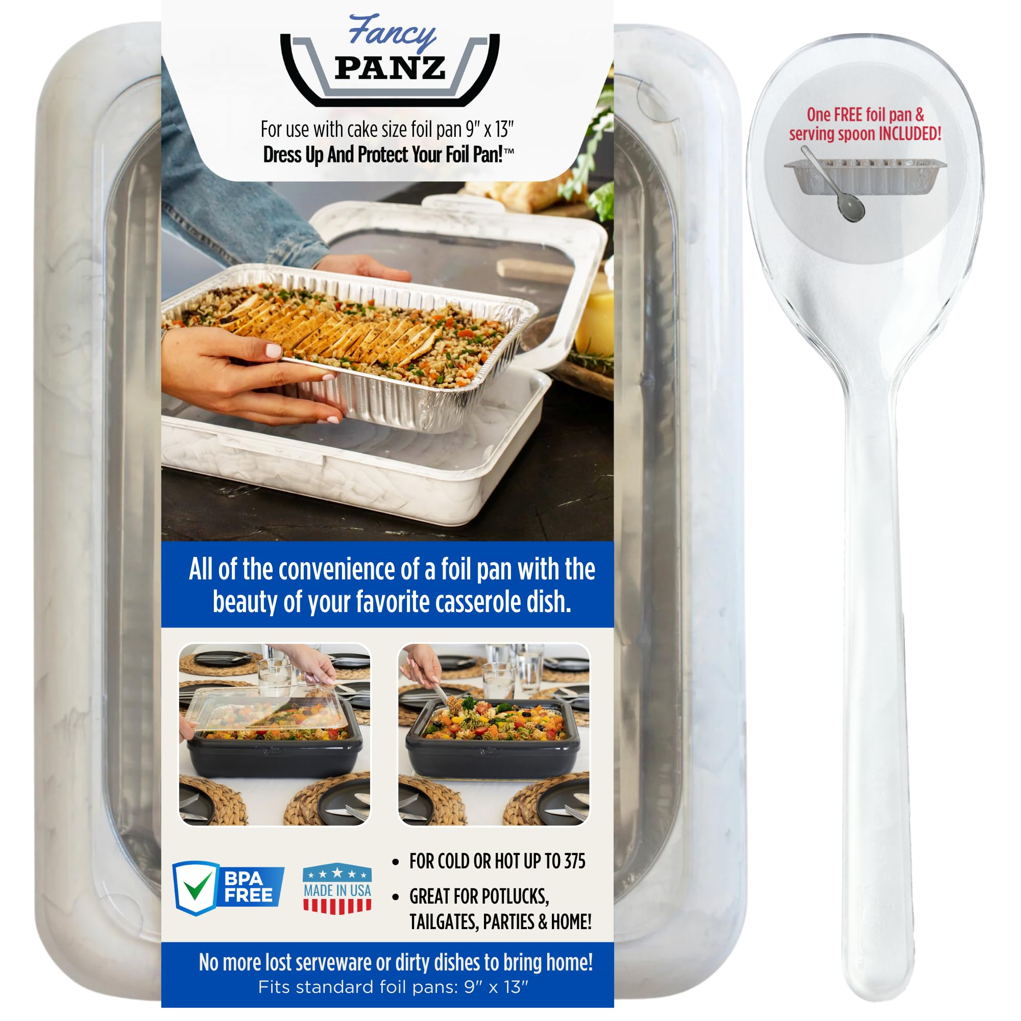 Fancy Panz 9x13- Inch Foil Cake Pan Dress Up & Protect Your Foil Pan Made in USA, Foil Pan & Serving Spoon Included. Hot or Cold