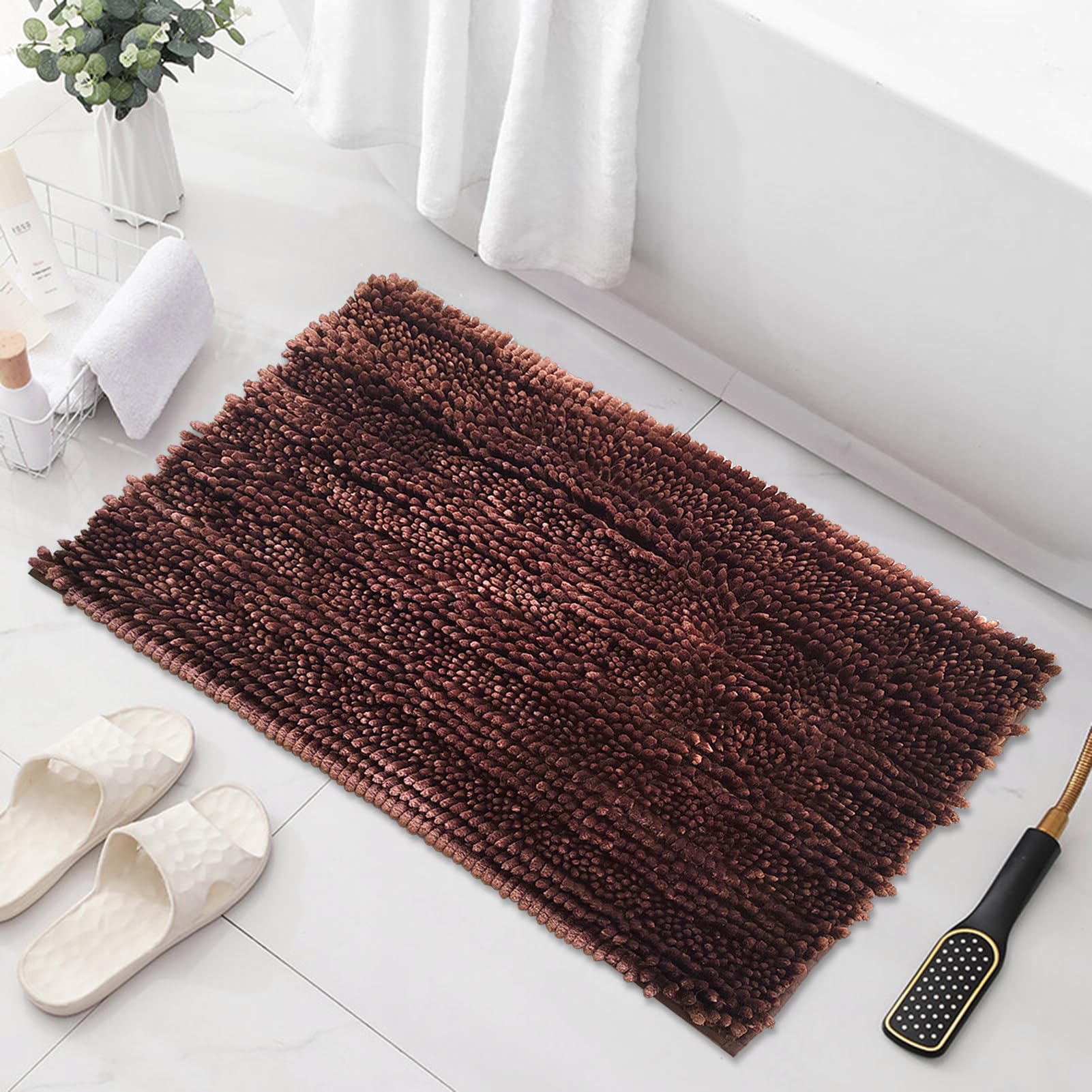 Civkor Brown Bathroom Rugs Bath Mats for Bathroom Non Slip Washable 31x20 Plus 24x16 Inch Bathroom Rug Set 2 Piece  Easy Care and Soft Noodle Chenille