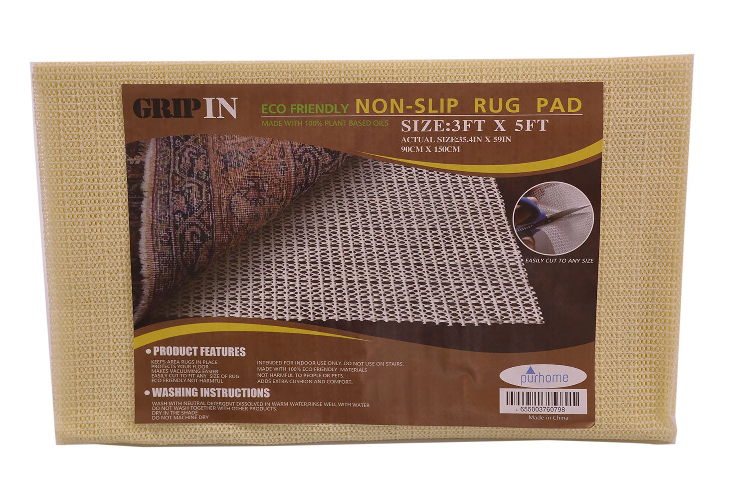 Purhome Non-Slip Non-Skid Rug Pad for Area Rugs and Runners Eco Friendly Made with 100% Plant Based Oils Grip-in (3 x 5)