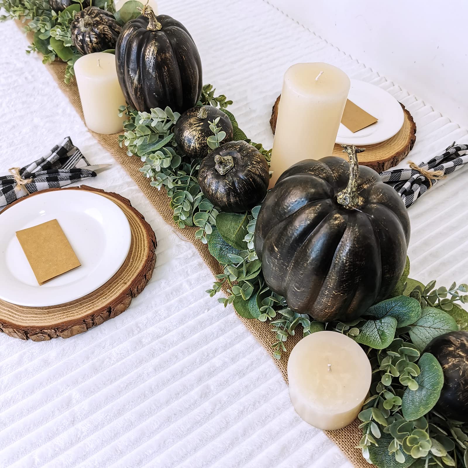 Winlyn 7 Pcs Assorted Artificial Gold Brush Black Pumpkins Rustic Decorative Halloween Faux Foam Pumpkins for Fall Halloween Tha