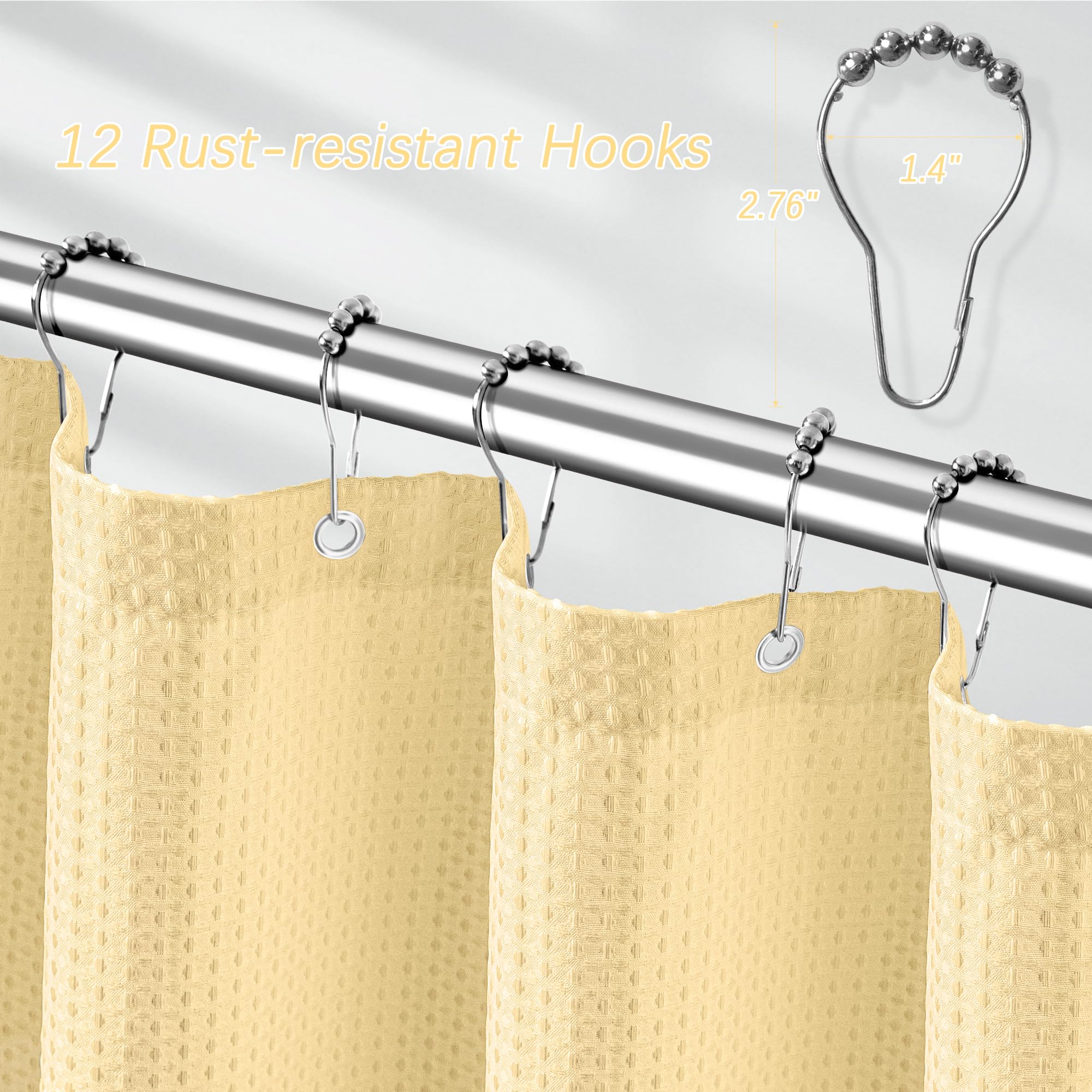 Pangsinne 84 Inch Long Shower Curtain Waffle Textured Beige Fabric Shower Curtains, 256Gsm Heavy Duty Weighted Shower Curtains,