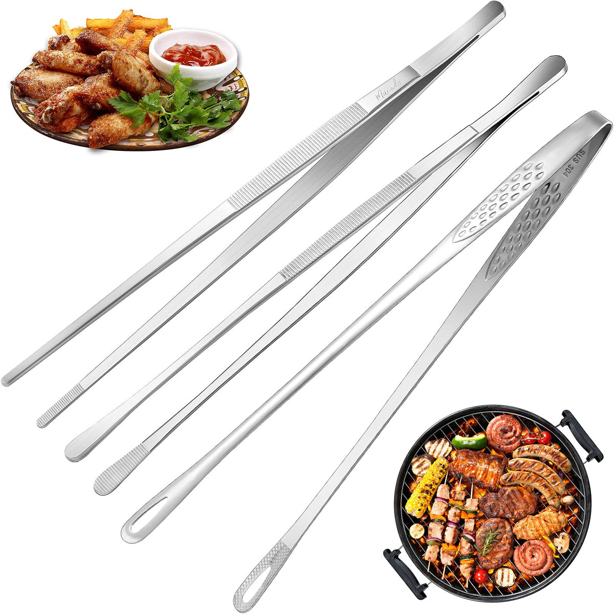 3 Pieces Cooking Tweezer Tong Includes 2 Pieces 12 Inch Extra Long Tweezer Tongs And 11 Inch Stainless Steel Kitchen Food Tong B