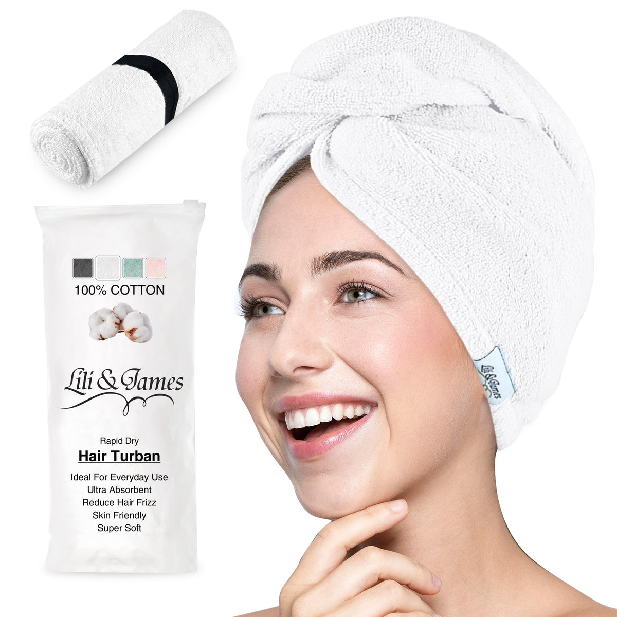 Lili&James Cotton Hair Towel Wrap for Women/Kids | Quick Dry, Soft & Absorbent 420-GSM Hair Wrap Towels with Double Button | Ant