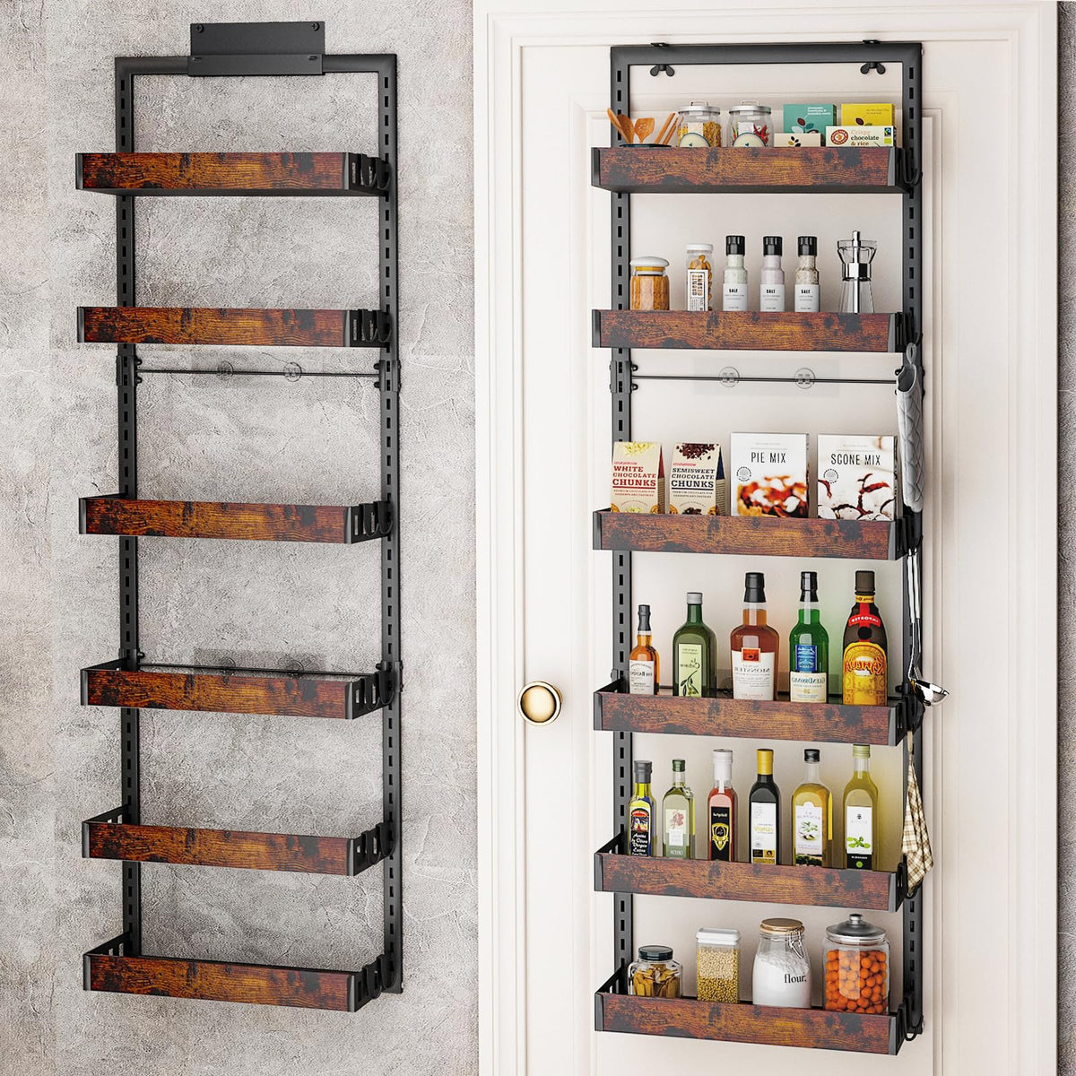 Bukfen Over The Door Pantry Organizer, 6-Tier Adjustable Wooden Basket Kitchen Pantry Door Organization And Storage, Heavy-Duty