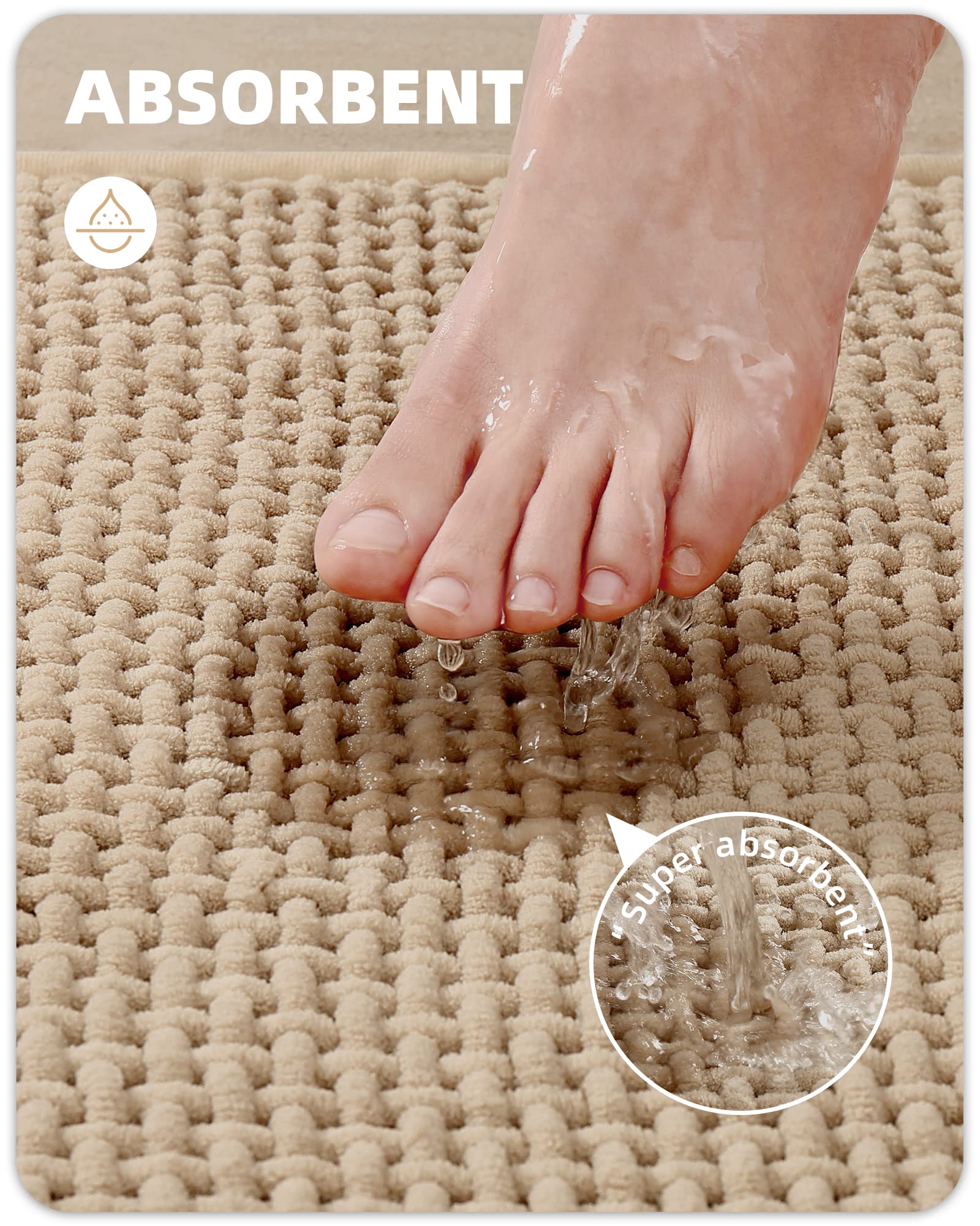 Color&Geometry Chenille Rubber Backed Beige Bathroom Rugs- Non Slip, Absorbent, Quick Dry, Washable- 17''X29.5'' Standard Sized