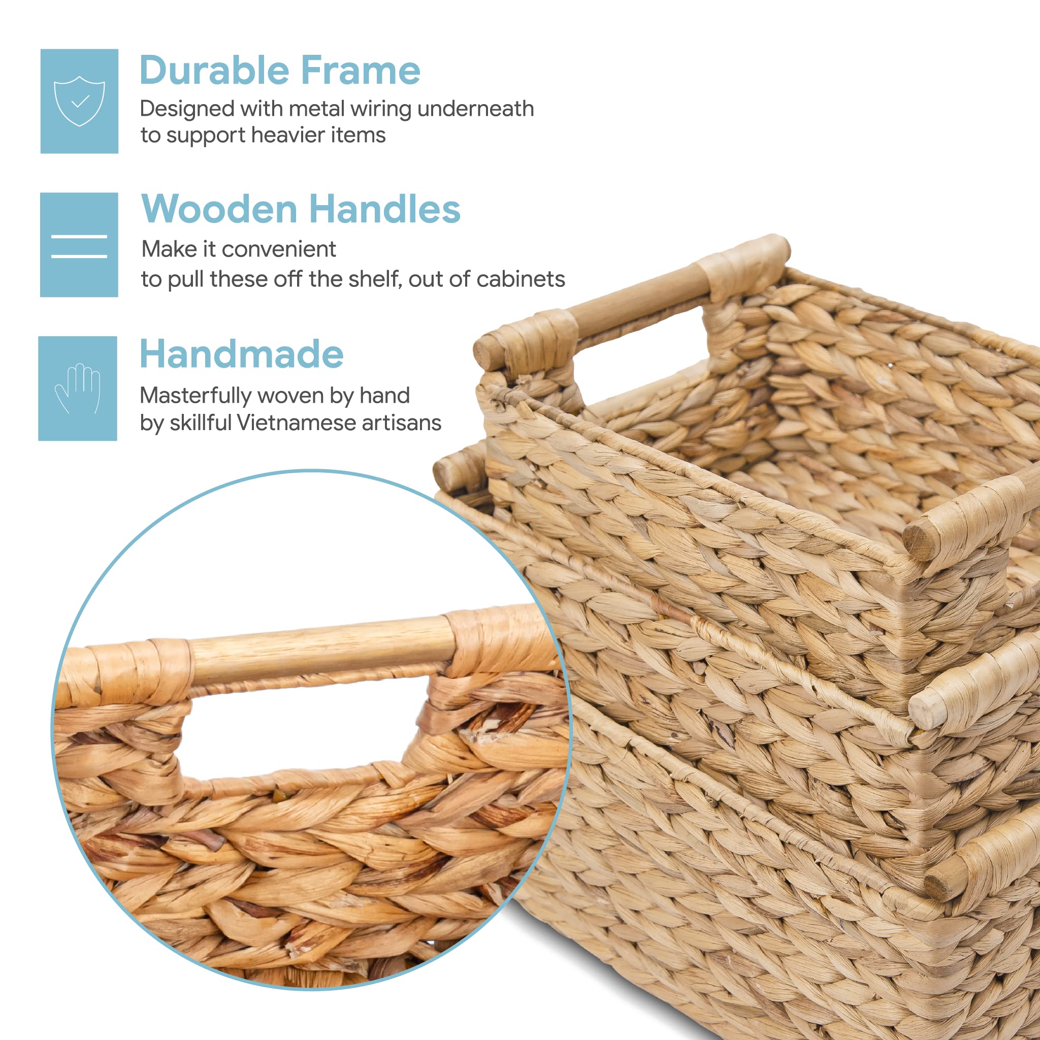 VATIMA Hyacinth Wicker Basket Set 3 size - Rectangular  Wooden Handles  Shelf Organizer  Natural Bins