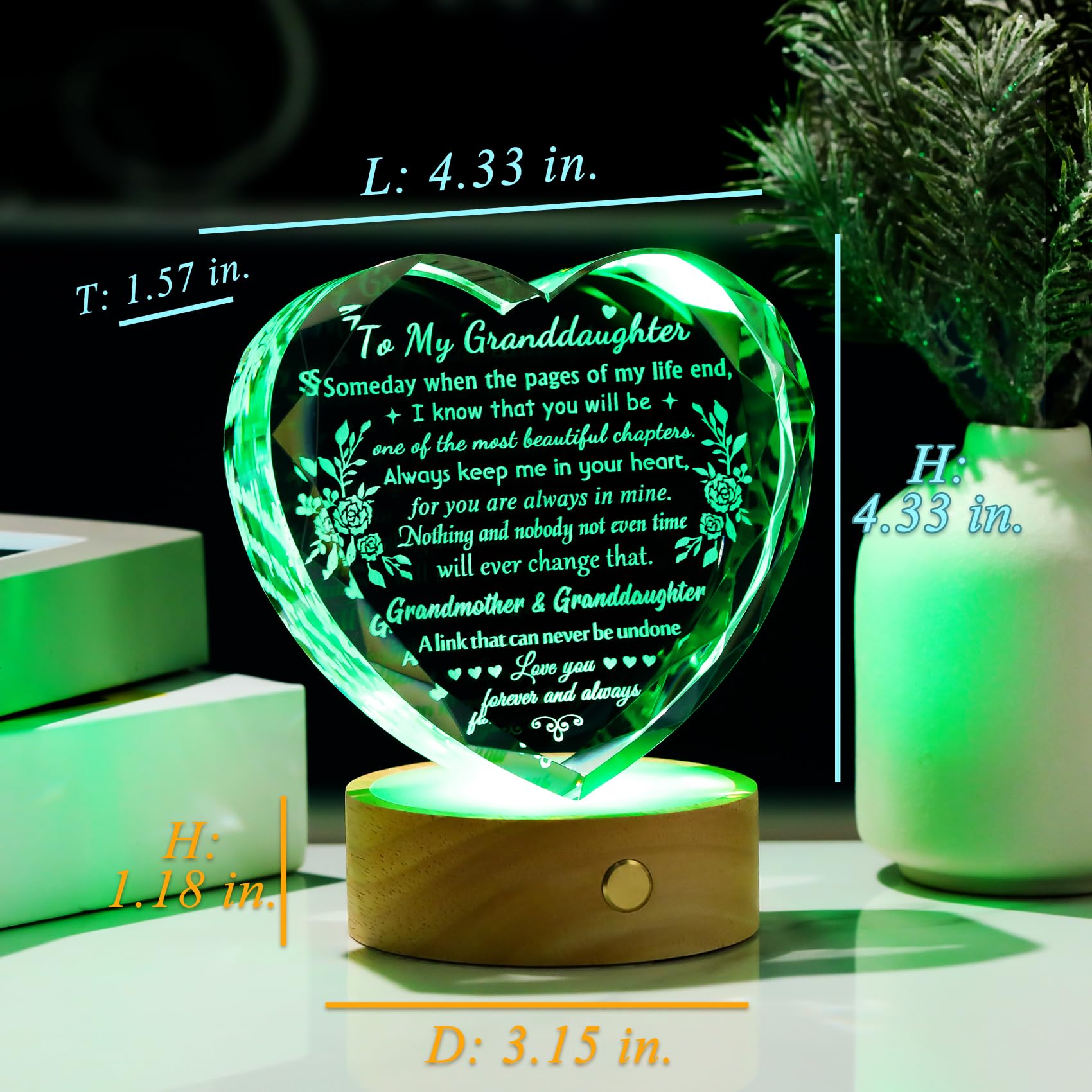 YWHL Granddaughter Gifts from Grandma, Birthday Gifts for Granddaughter, Crystal Heart Keepsake with Colorful Base, Graduation W