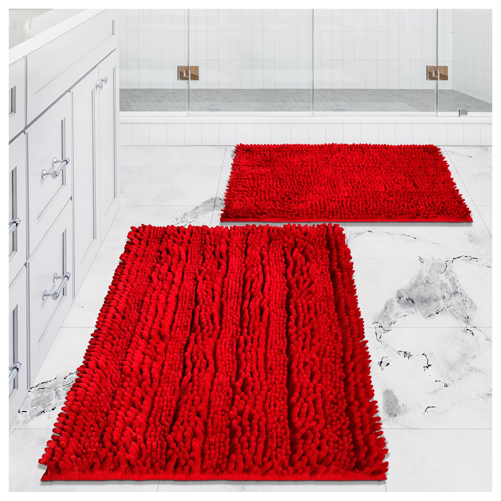 Civkor Red Bathroom Rugs Bath Mat Rug Set 2 Piece Butter Chenille, Shiny Noodle Bathroom Mats 31X20 And 24X16 Inch With Non Slip
