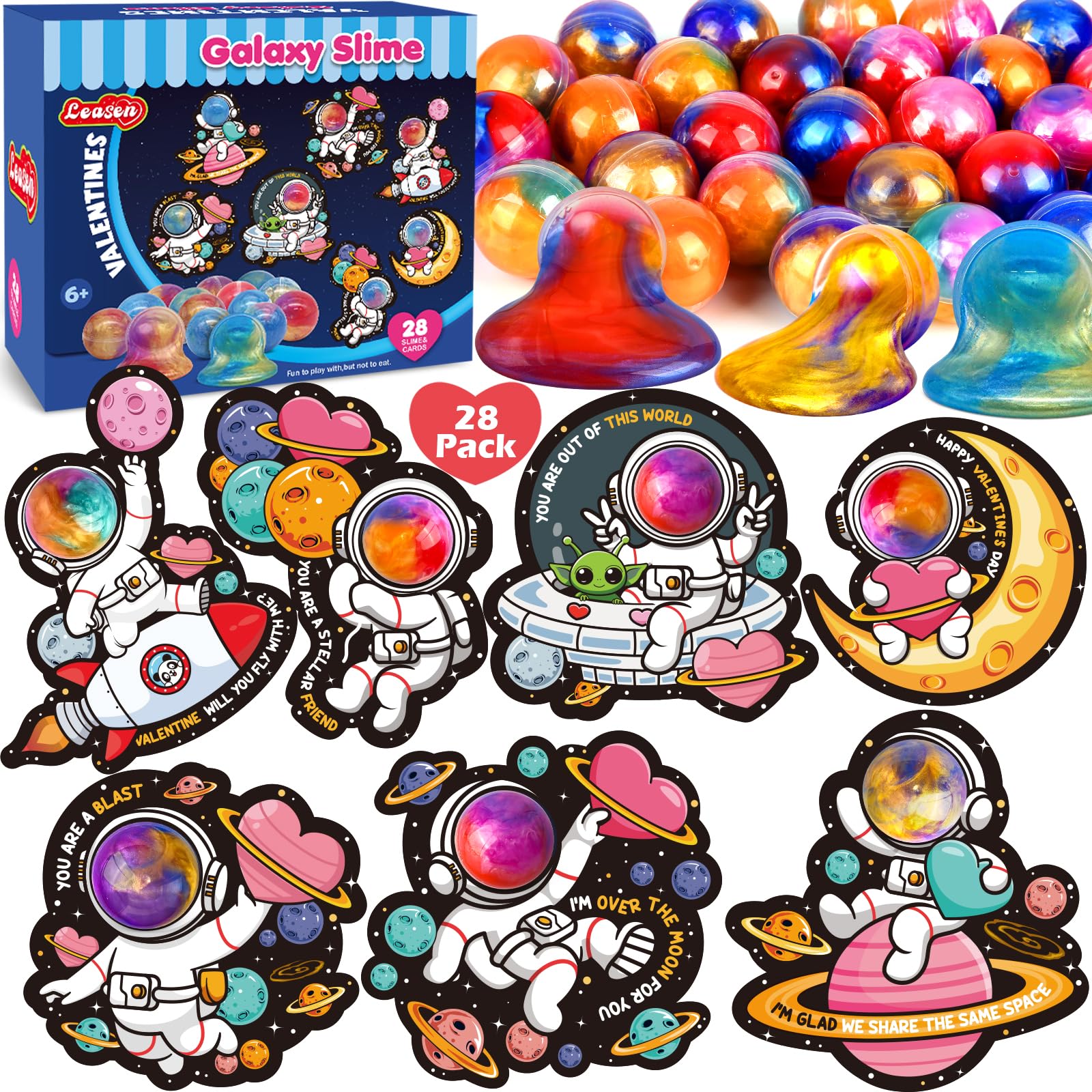 28 Pack Valentines Day Gifts For Kids, Galaxy Slime With Greeting Cards Stress Relief Fidget Set For Kids, Valentine'S Day Class