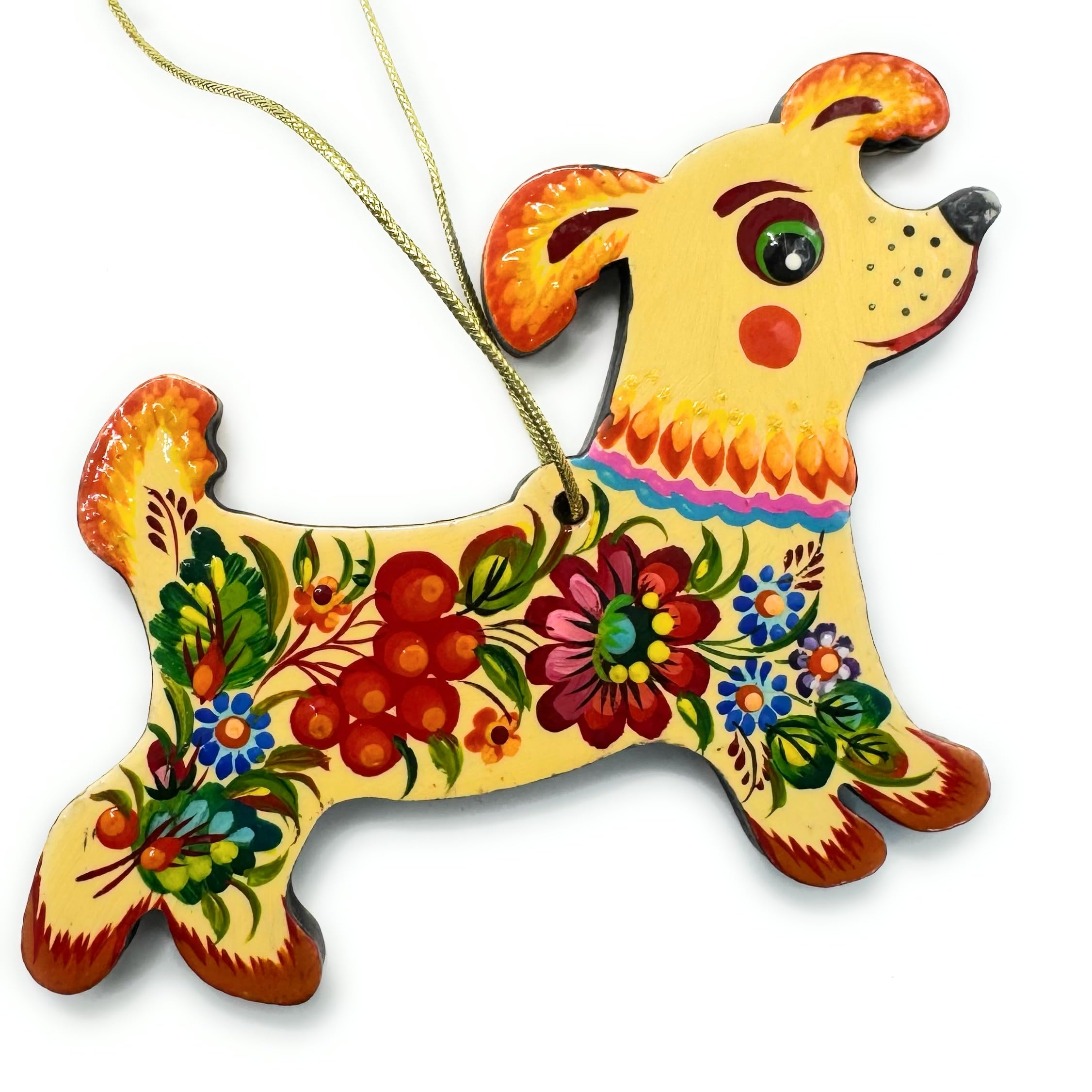 Dog Christmas Tree Ornament Wooden Flat Pet Decoration 3.9 x 3 x 0.2 inches Hand-painted Floral Ukrainian Folk Art Ornaments