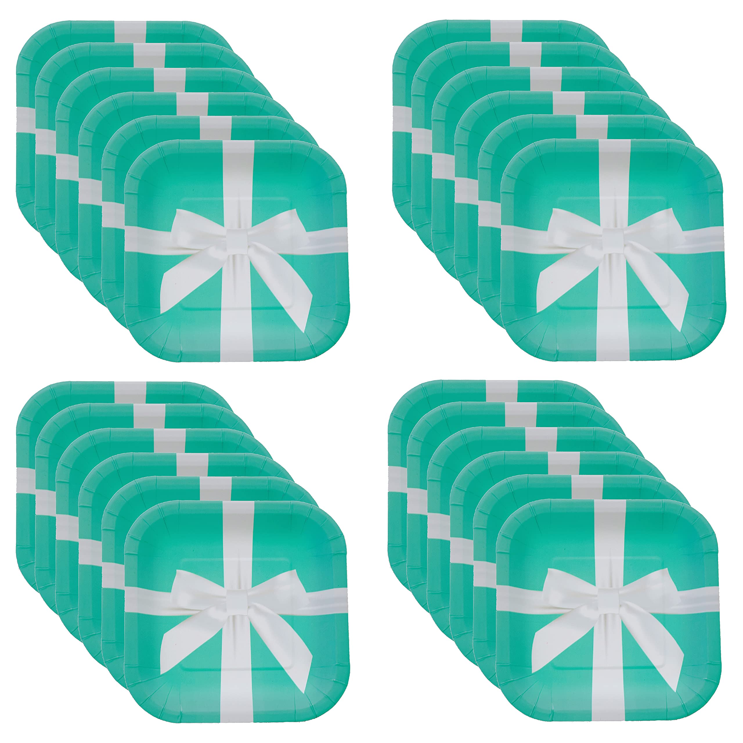 Havercamp Iconic Turquoise Jewelry Box Plates (24 Pcs)! With Stunning Satin Bow. 7In. Square, Heavy Duty Paper Dessert Plates