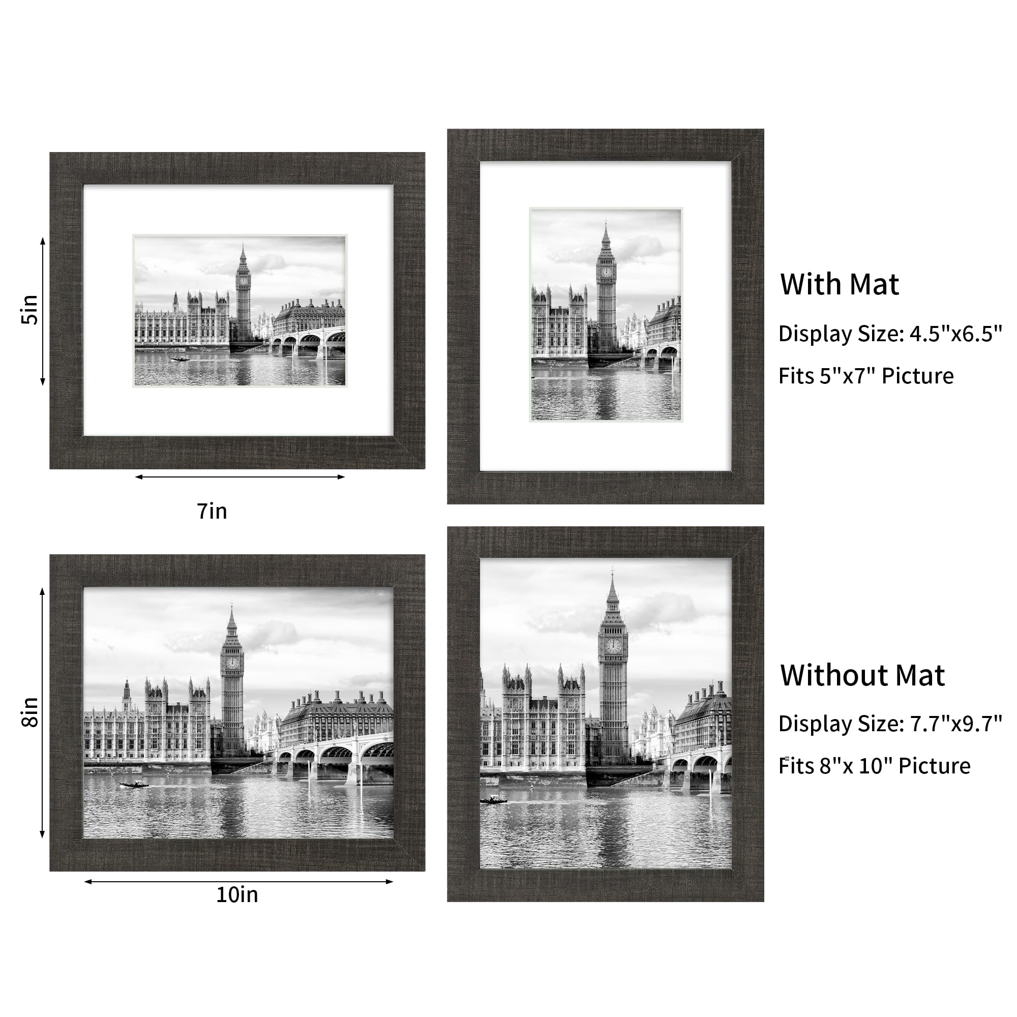 iRahmen 8x10 Picture Frame Set of 2 with HD Glass, Display Pictures 5x7 with Mat or 8 x 10 Without Mat, Rustic Style Wood Photo