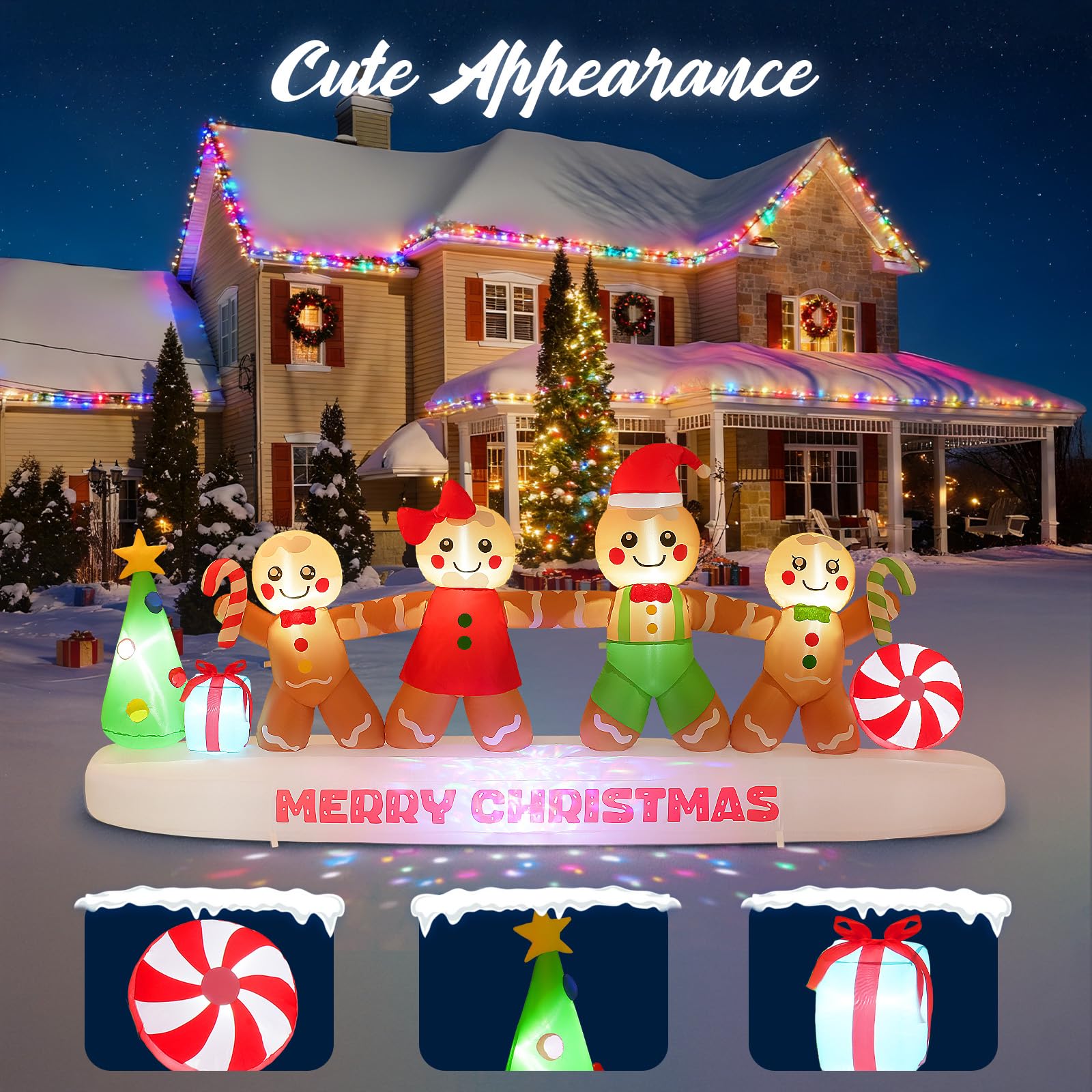 CACIRAL 10 FT Long Gingerbread Family Christmas Inflatable Outdoor Decoration, Gingerbread Man Inflatable Holding Hands with Bui