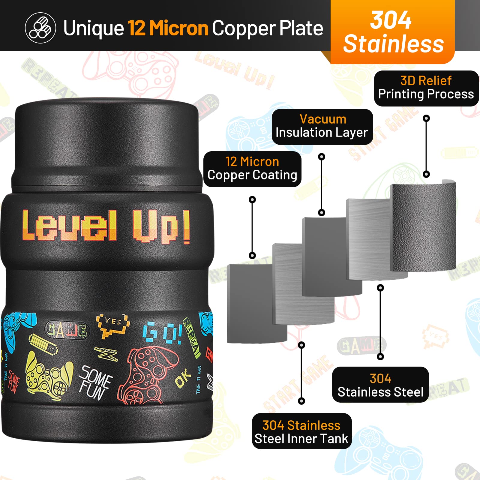 Charcy 17Oz Kids Thermo For Hot Food - Soup Thermo With Folding Spoon - Insulated Food Jar For Hot & Cold Food - Black Game