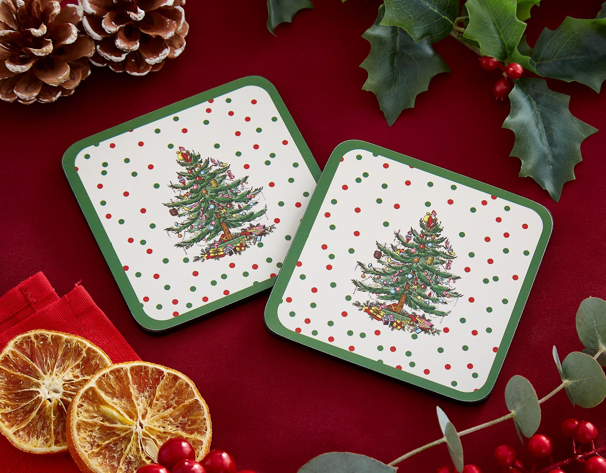 Pimpernel Christmas Tree Polka Dot Coasters | Set Of 6 | Cork Backed Board | Heat And Stain Resistant | Drinks Coaster For Table