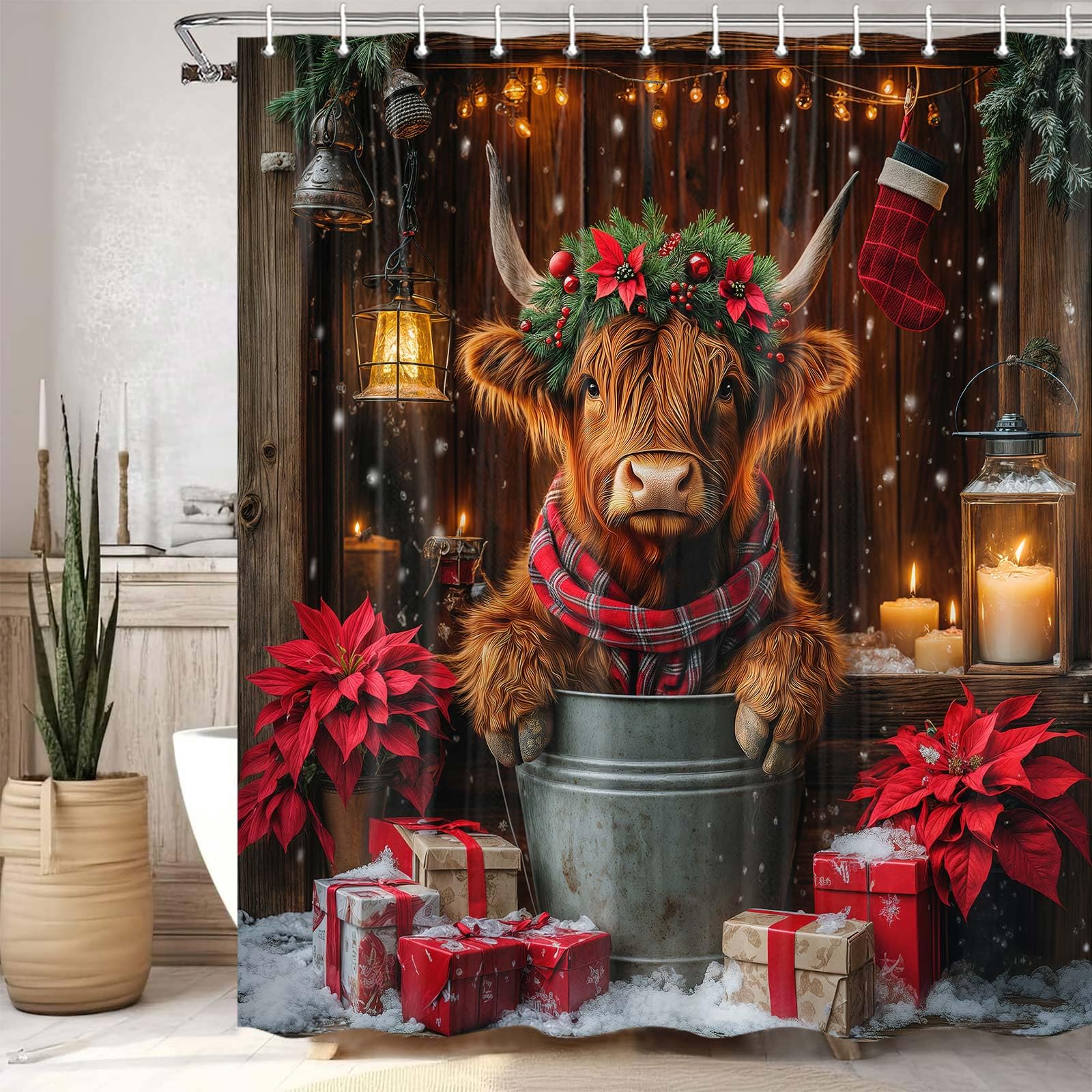 Jipusai Christmas Highland Cow Shower Curtain, Winter Funny Cow Rustic Western Farmhouse Brown Wood Board Shower Curtain Set Bat