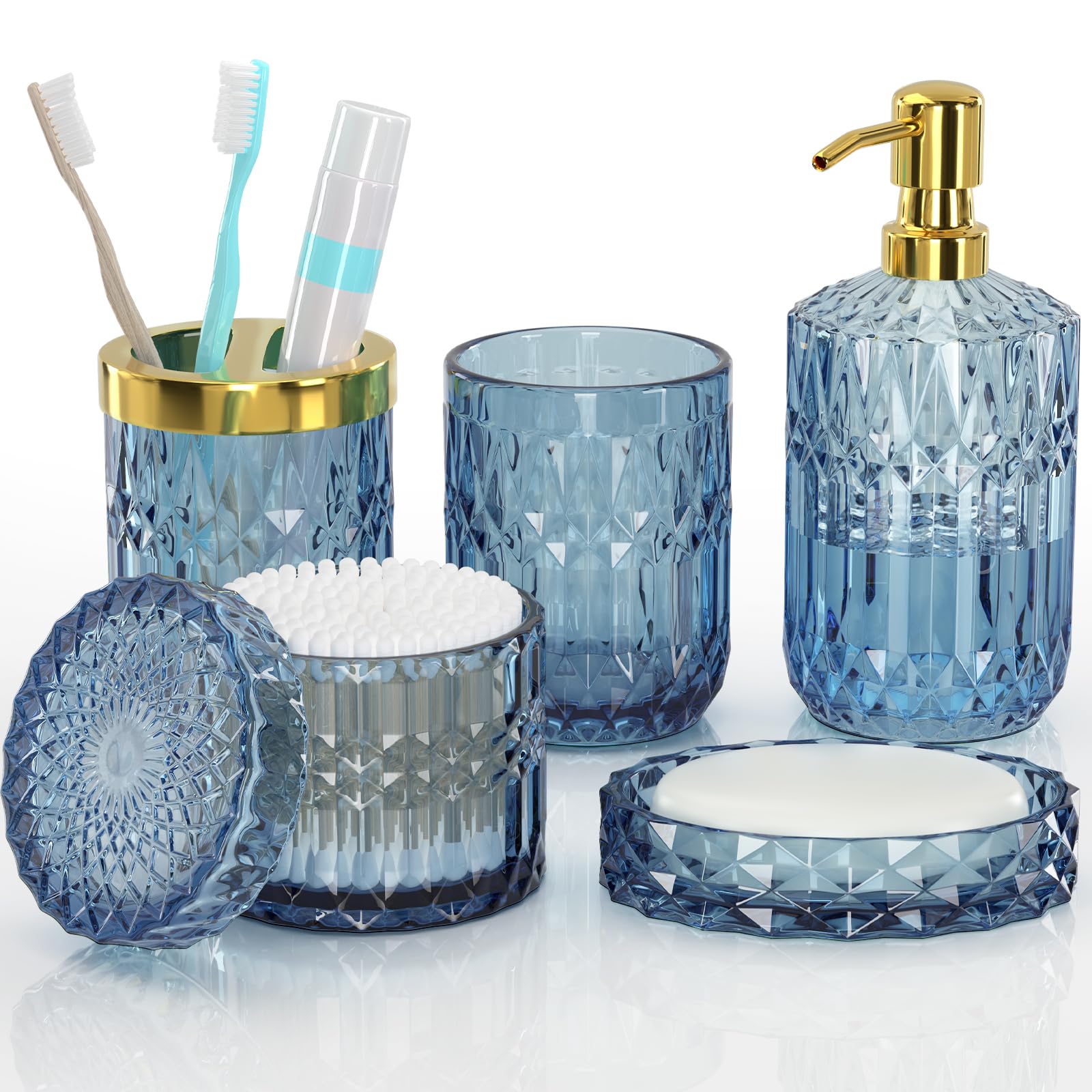 Blue Bathroom Accessories Set, 5 Pcs Clear Glass Bathroom Accessories With Lotion Soap Dispenser, Soap Dish, Toothbrush Holder,