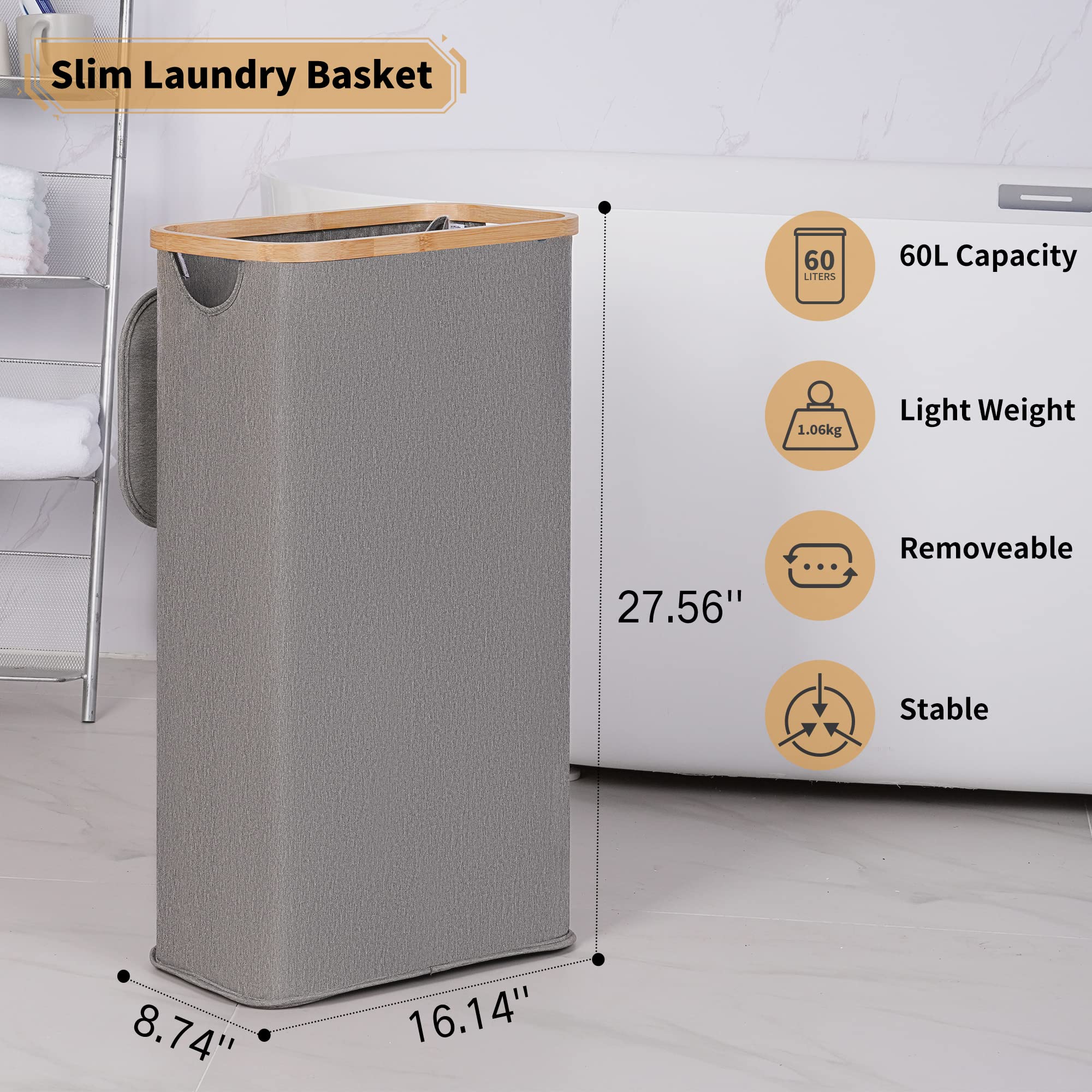 Iegrow Slim Laundry Hamper, 60L Narrow Laundry Basket With Lid,Foldable Clothes Hamper With Bamboo Handles,Hamper Basket With Re