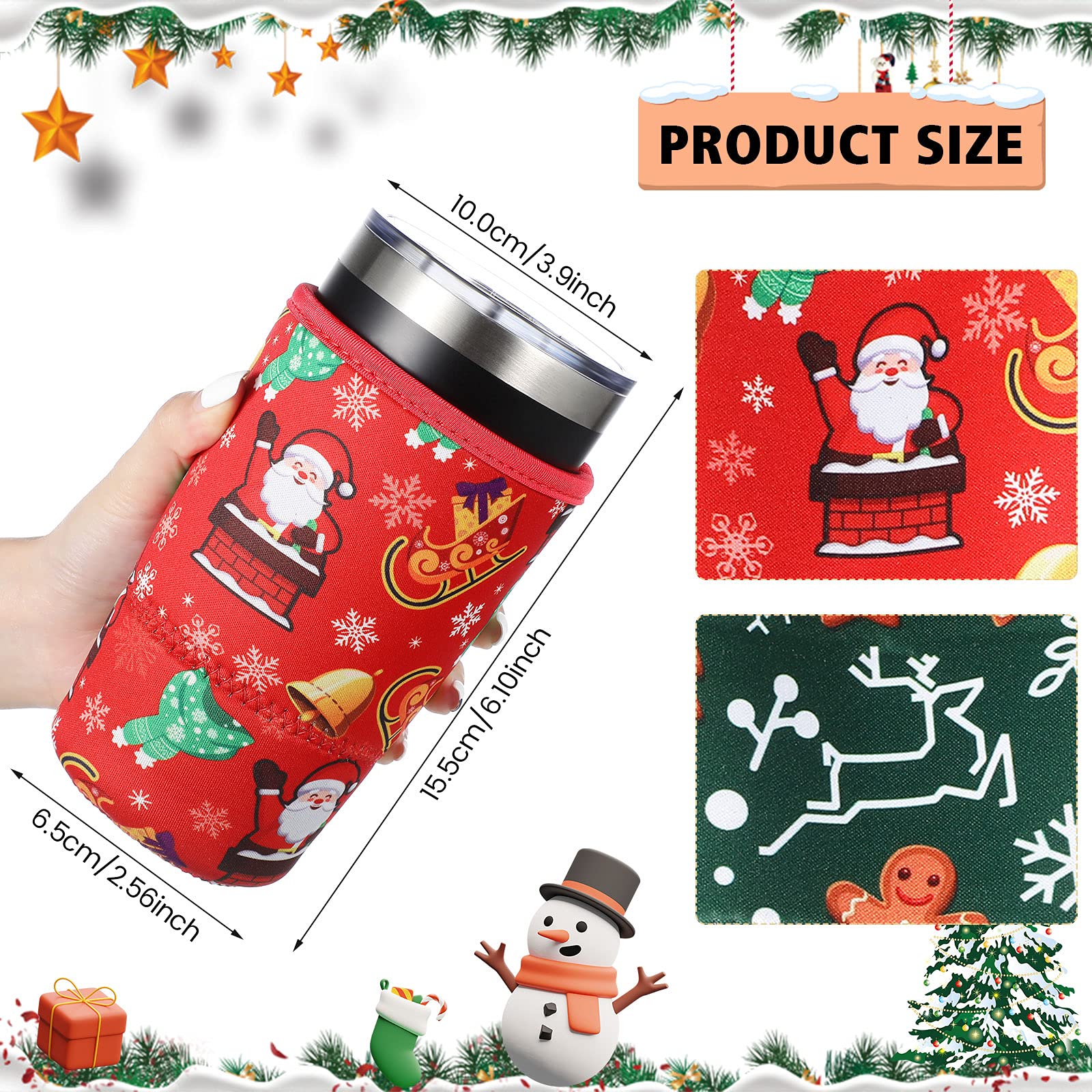 6 Pieces Christmas Coffee Sleeve Gingerbread Man Santa Coffee Cup Sleeves Neoprene Iced Coffee Sleeve Xmas Insulator Sleeve Cup