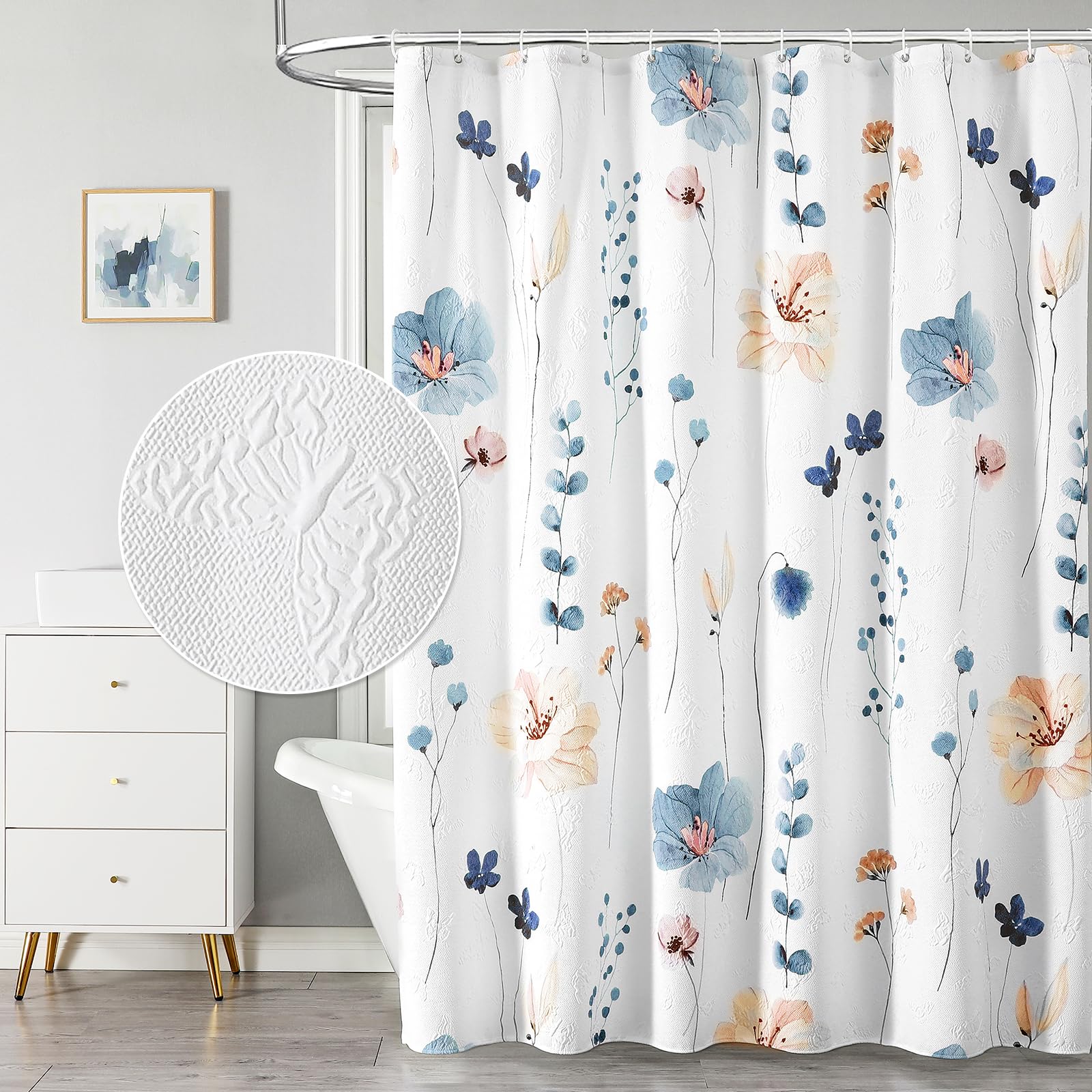 Qiyi Watercolor Floral Shower Curtain, 3D Embossed Butterflies Blue Beige Flower Bathroom Curtain, Minimalist White Cloth Bath C
