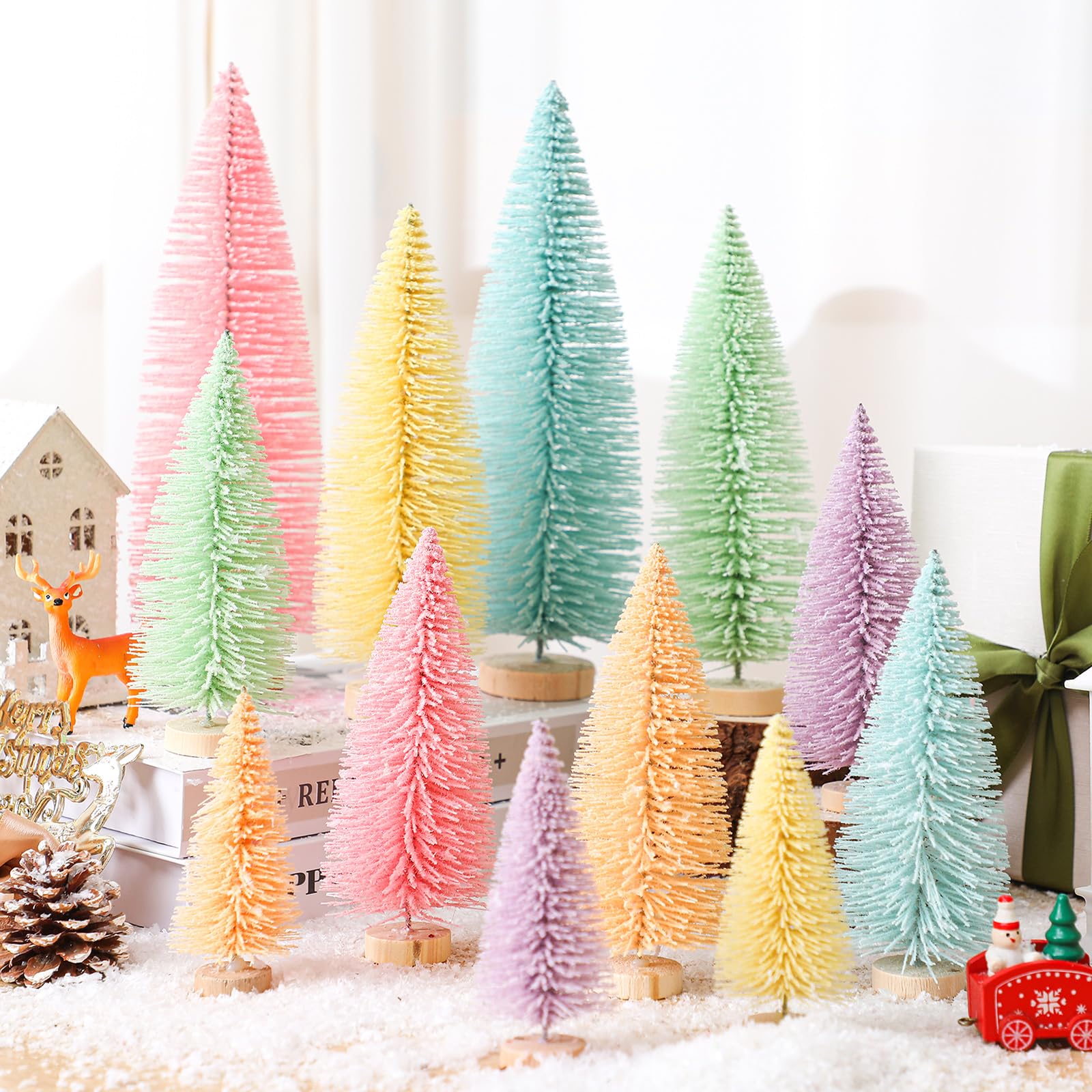 Soulchen 12 Pcs Pastel Mini Christmas Trees 4-10 Inch Canyland Christmas Centerpieces for Tables Village Decor Bottle Brush Xmas