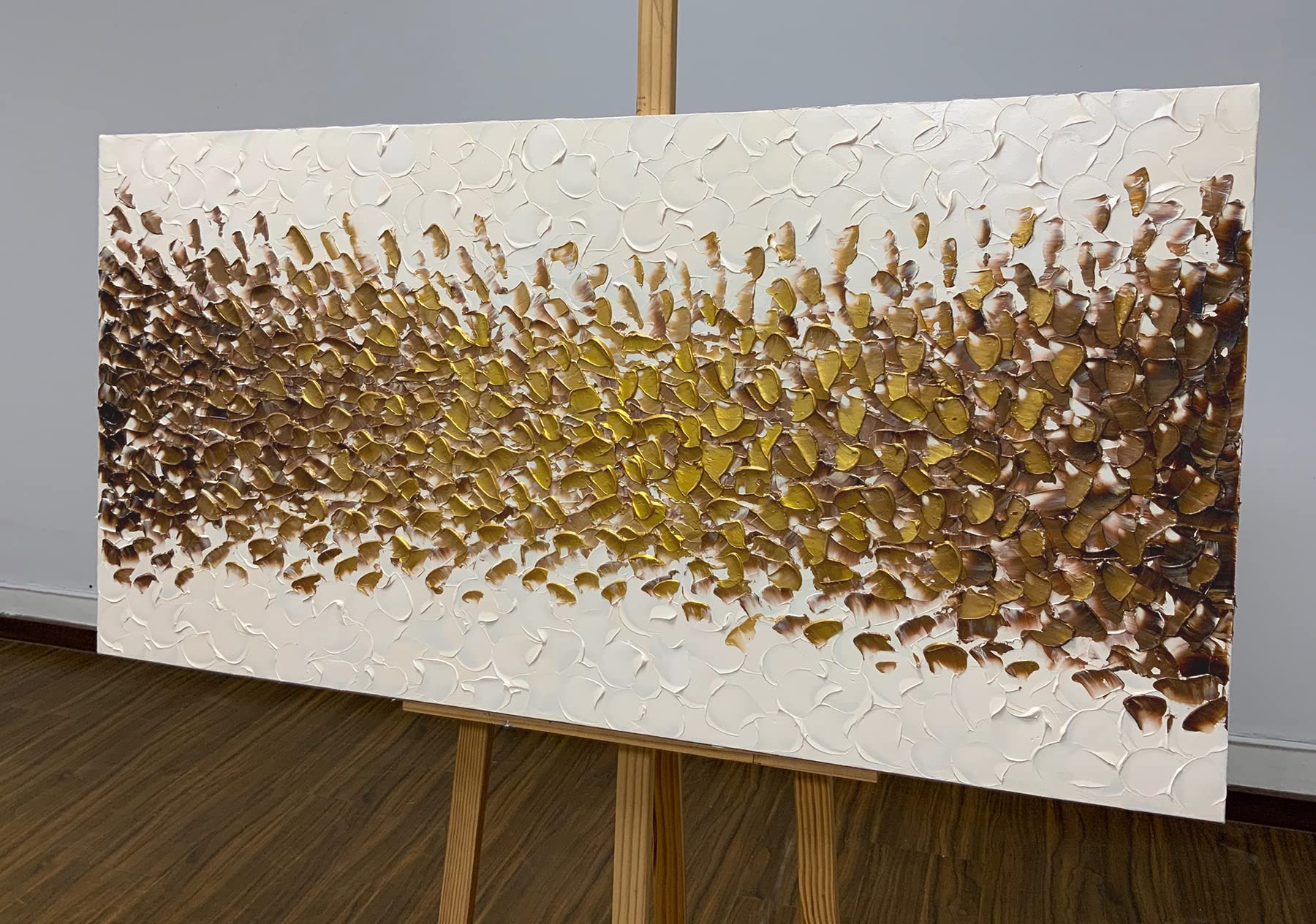 Azavy Art,24X48 Inch Hand-Painted Gold Cream White Oil Painting Textured Abstract Horizontal Wall Art Contemporary Artwork Wrapp