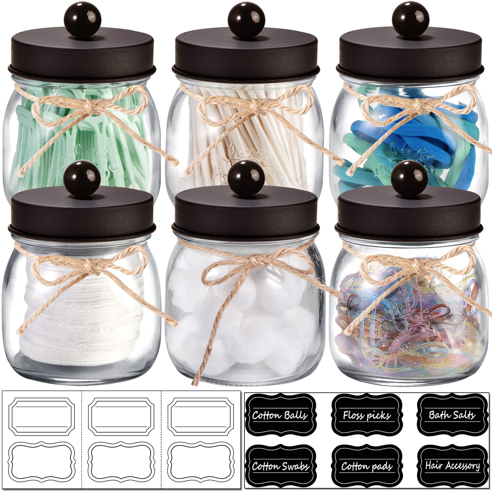 6 Pack Apothecary Jars Set,Mason Jar Decor Bathroom Vanity Storage Organizer Canister,Glass Qtip Holder Dispenser For Qtips,Cott