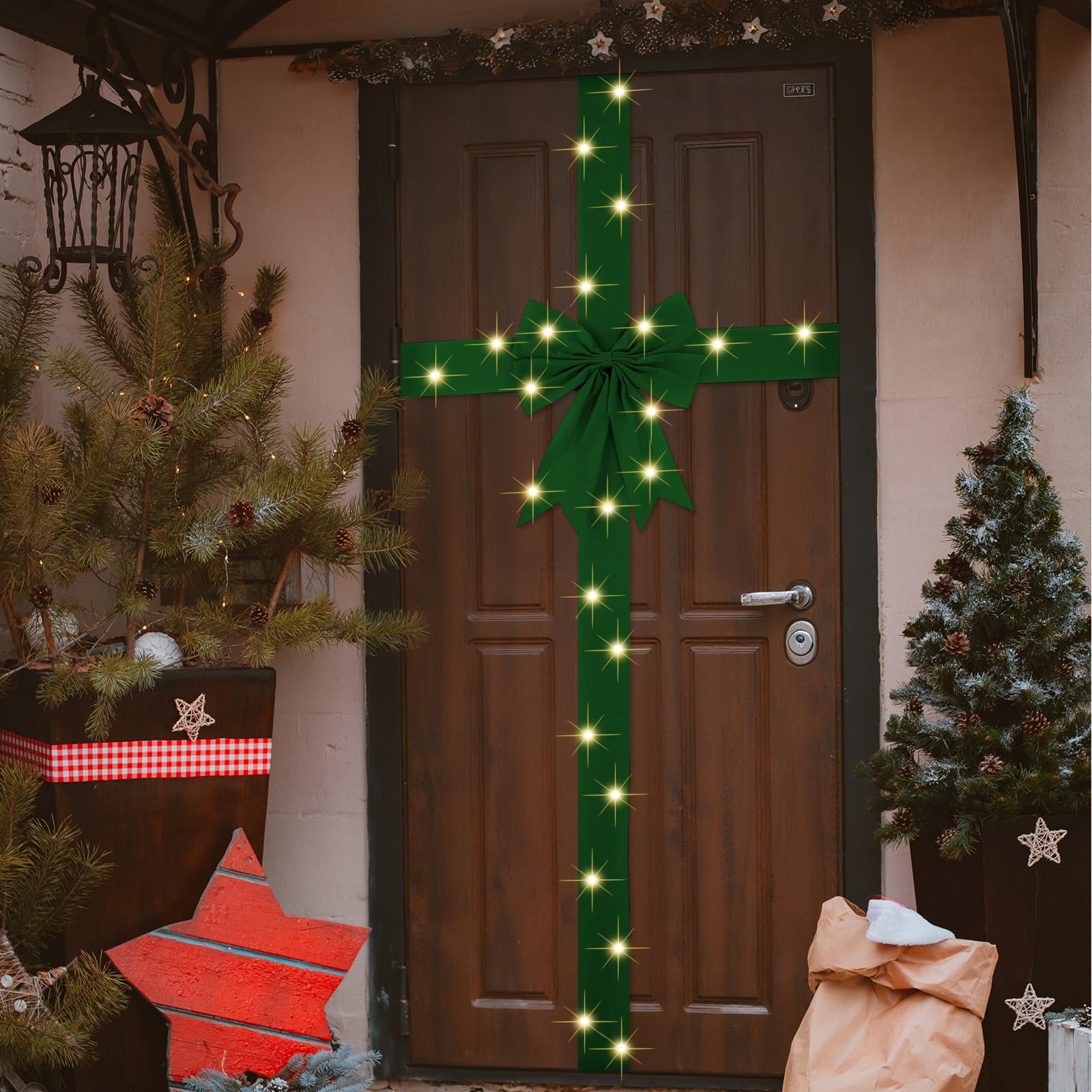 Spiareal Large Christmas Front Door Ribbon Bow with LED 14.1ft Velvet Christmas Cabinet Glowing Bows Decorations Xmas Tree Decor