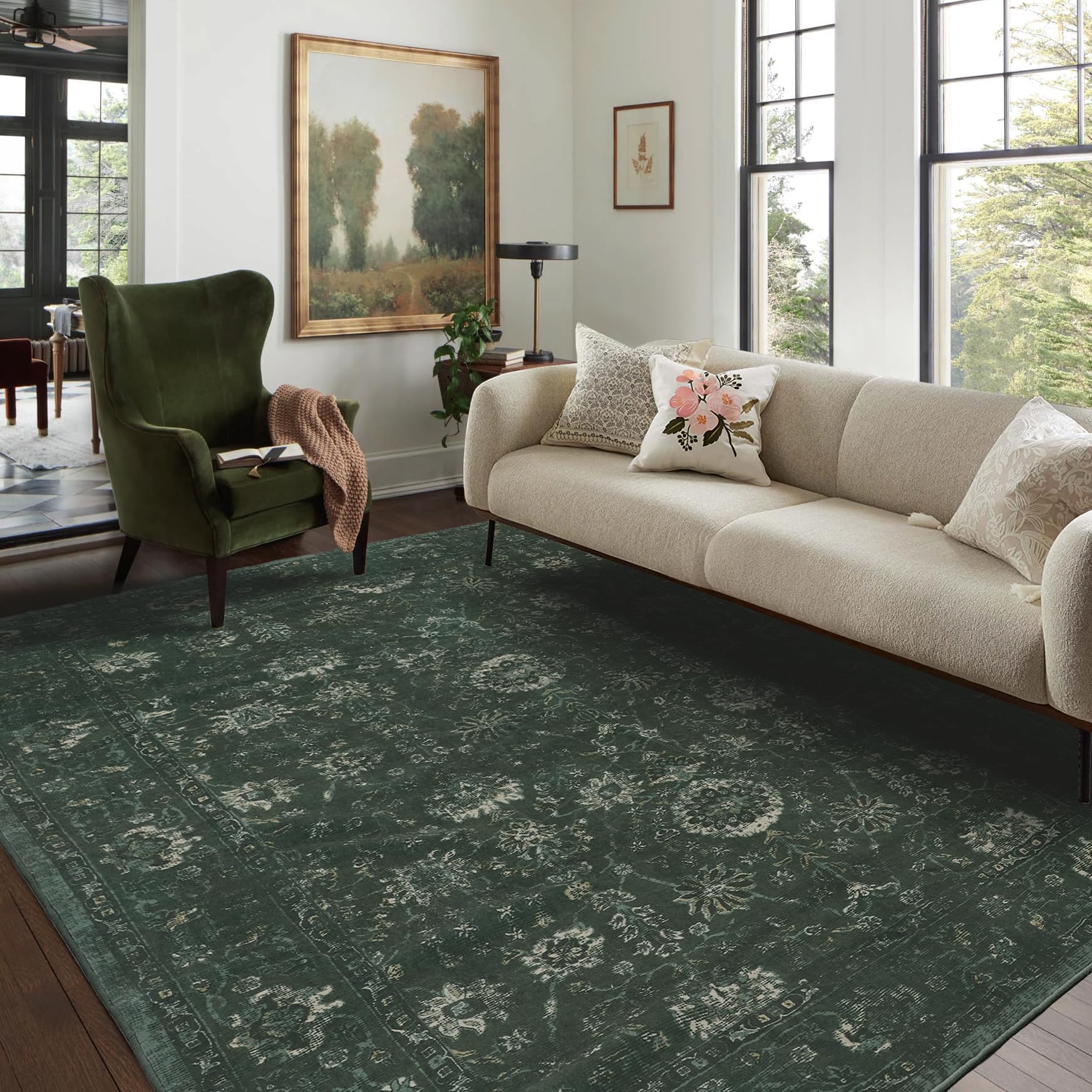 LIMON HOME Dark Green Washable Area Rug 6x9,Olive Green Distressed Large Rugs for Living Room Bedroom,Moody Floral Boho Vintage 