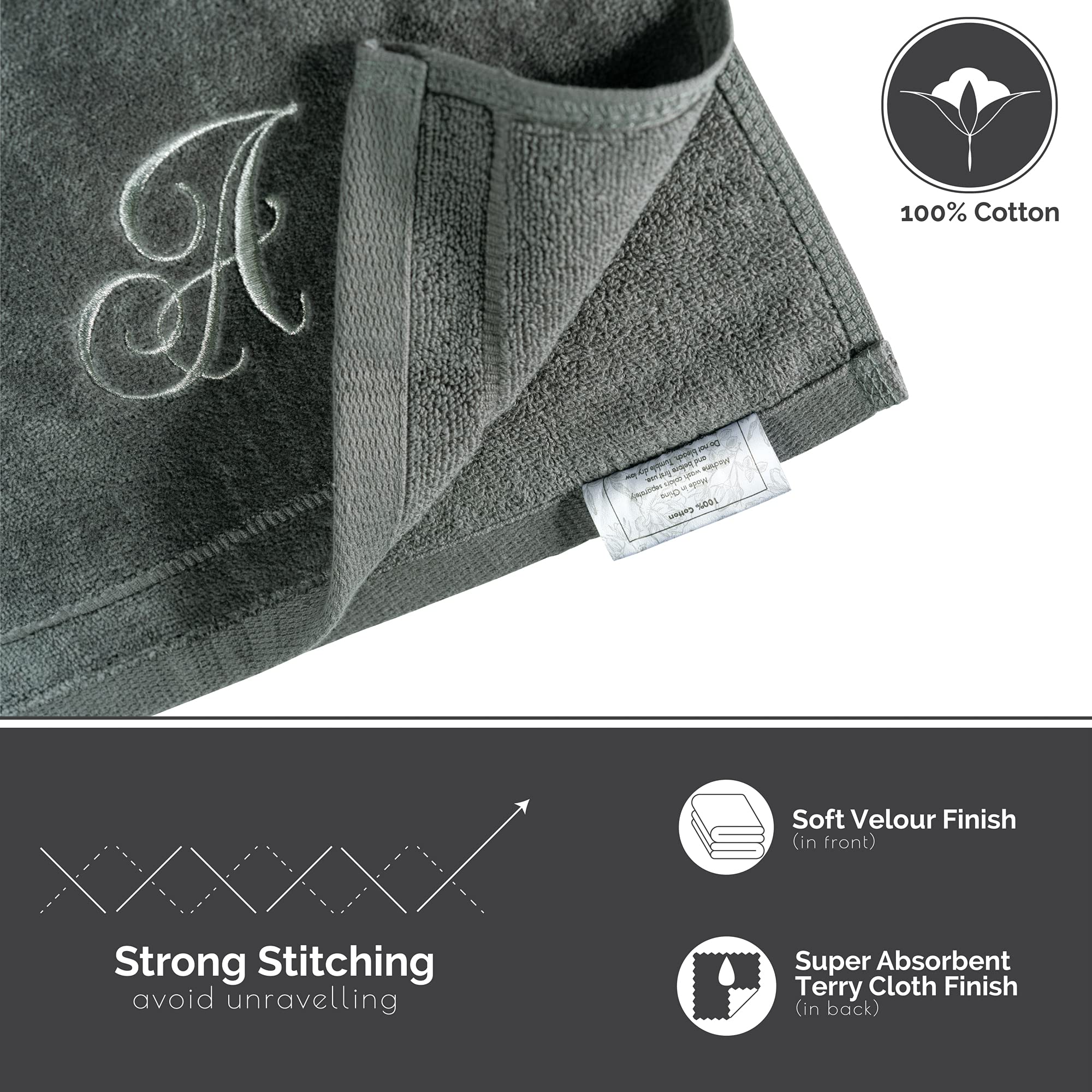 Personalized Initial Fingertip Towels - 2 Pack 11 x 18 Inches - Silver Embroidery On Gray Towel  Modern Monogrammed Towels  Great Initial Gift for Women  Teachers  Friends  Bridesmaids Initial M