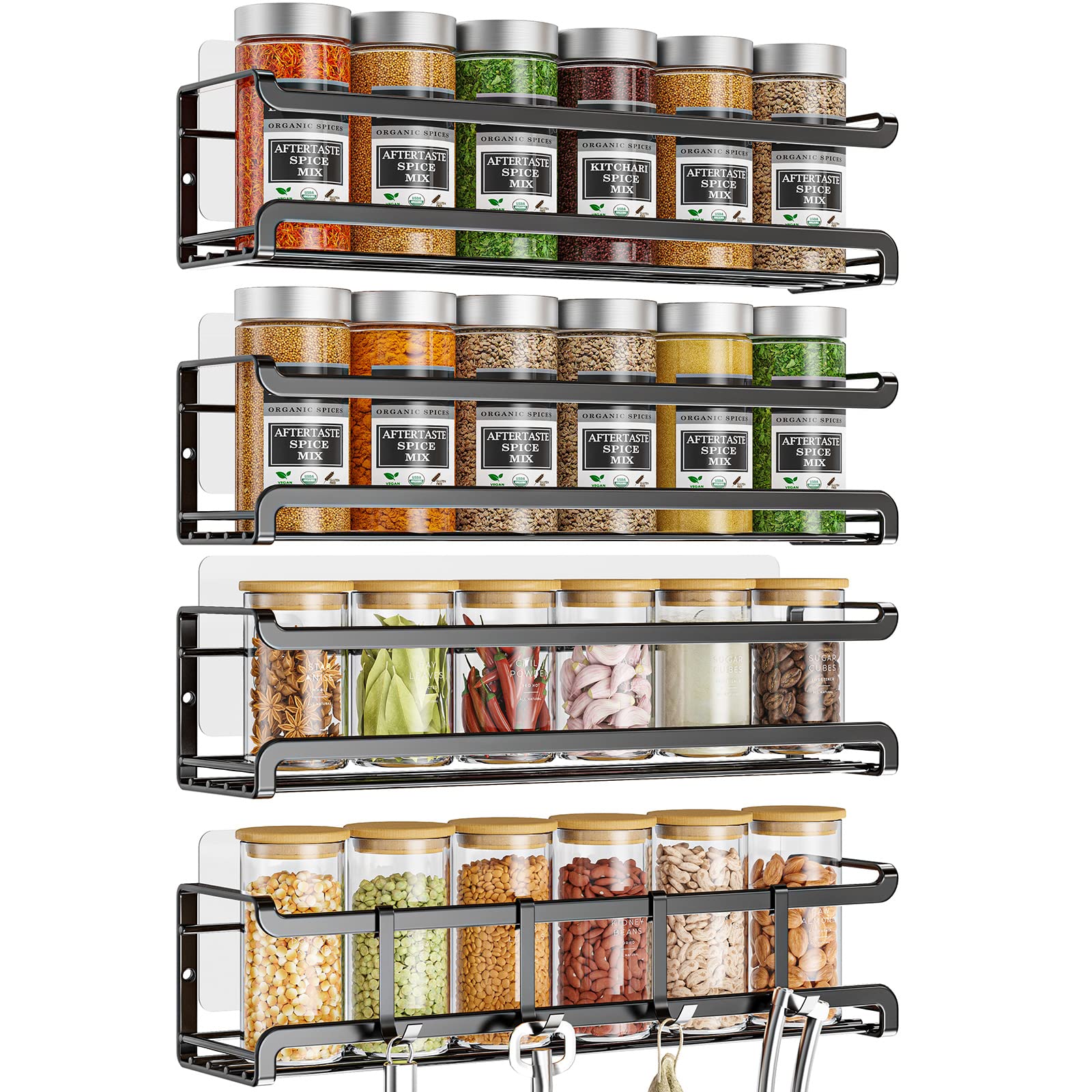 Bunoxea Spice Rack wall mounted 4 Pack, Space-Saving Spice Organizer for Spice Jars and Seasonings,Screw or Adhesive Hanging Spi