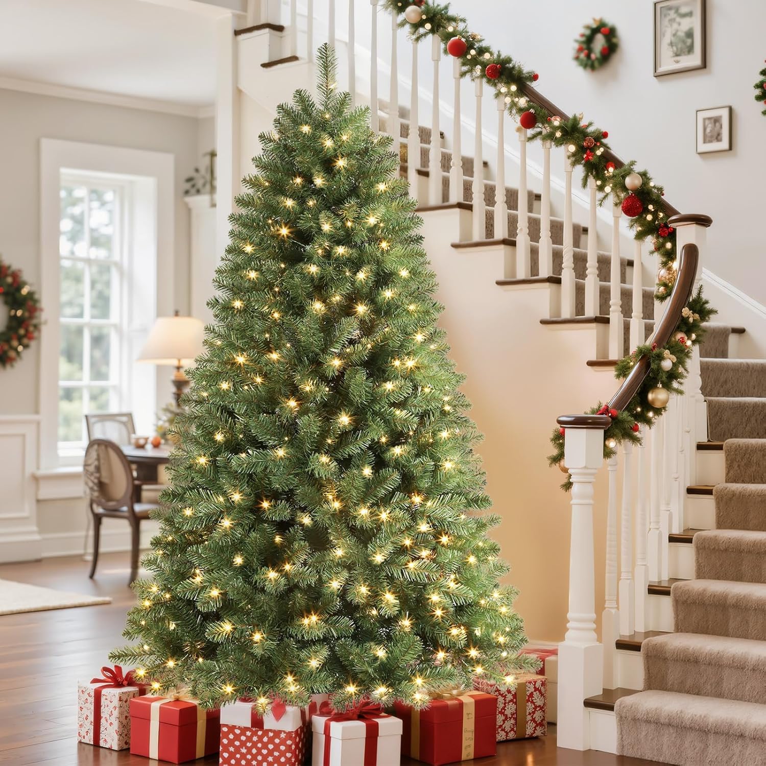 9FT Prelit Fluffy Noble Fir Artificial Christmas Tree with 900 Multicolor Lights& 9 Modes, Hinged Branches& 3500 Tips, Artificia