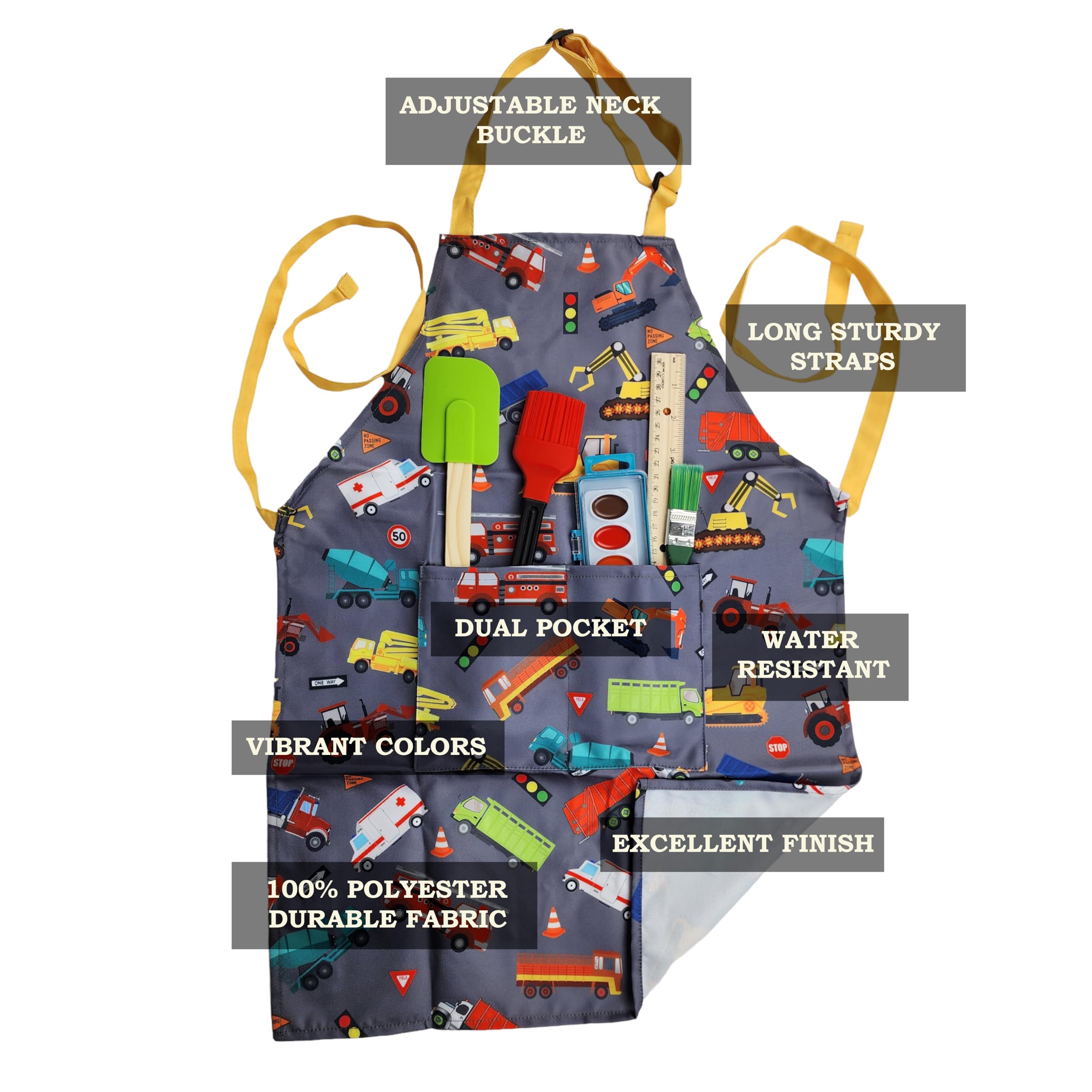 Dashn Products Kids Apron - Truck - Dual Pockets - Chef Kitchen Cooking Garden Artist Painting Cleaning Baking Pottery Gift Boys