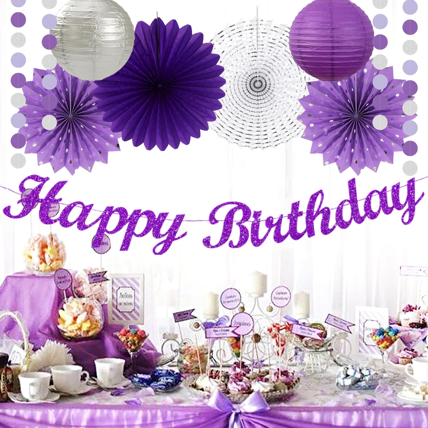 Purple Lilac-Lavender Silver Women Birthday Party-Decorations - 21Pc Happy Banner,Paper Lanterns Streamers,Tissue Pom Poms Honey
