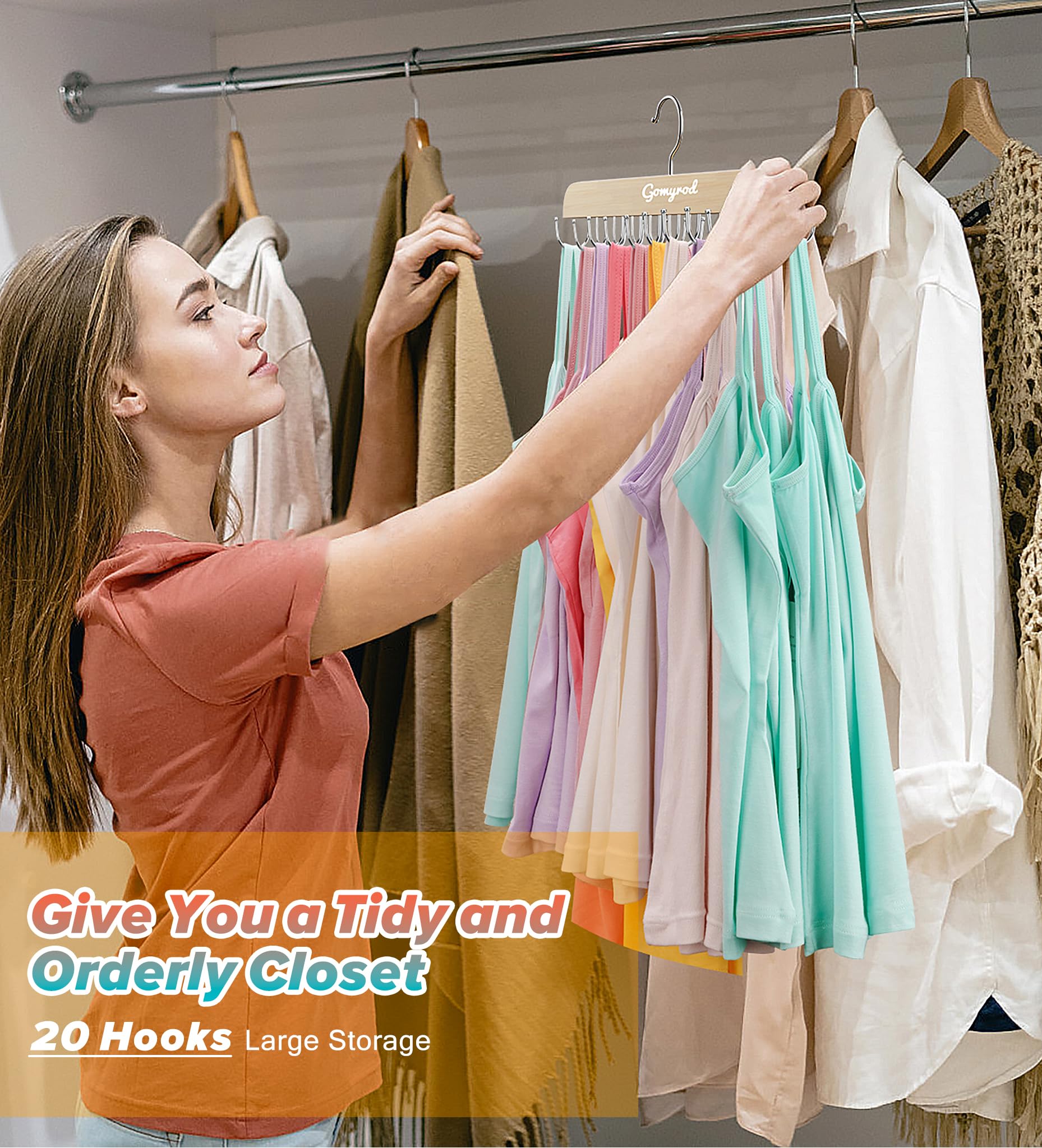 Gomyrod Bra Hanger For Closet, Tank Top Hanger W/20 Hooks Capacity Foldable Wood Space Saving Hangers, 360Rotating Closet Organi