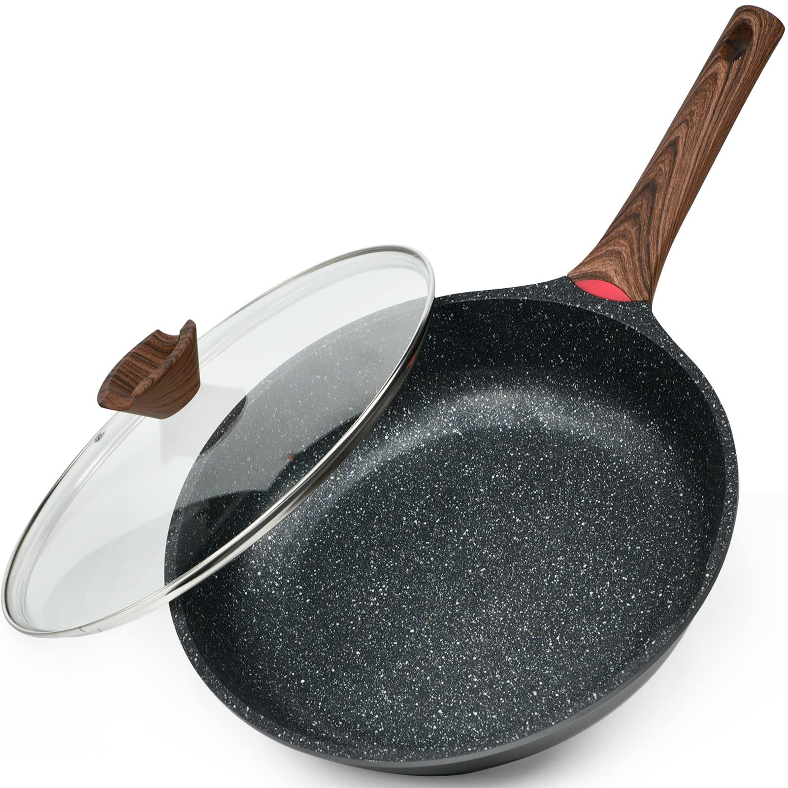 Diig Nonstick Frying Pan With Lid, 12 In No Stick Pfoa-Free Granite Stone Coating Chef'S Pan, Large 30 Cm Cooking Pans For Famil