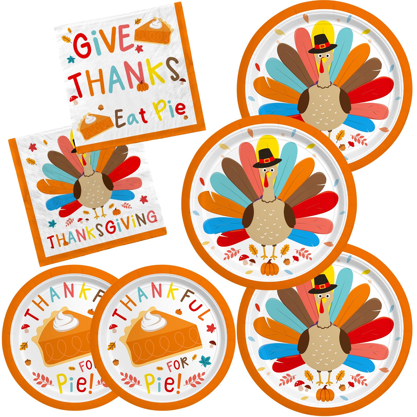 Turkey Thanksgiving Party Supplies Kit For 50 Guests - Complete Autumn-Themed Disposable Dinnerware Set: Dinner & Dessert Plates